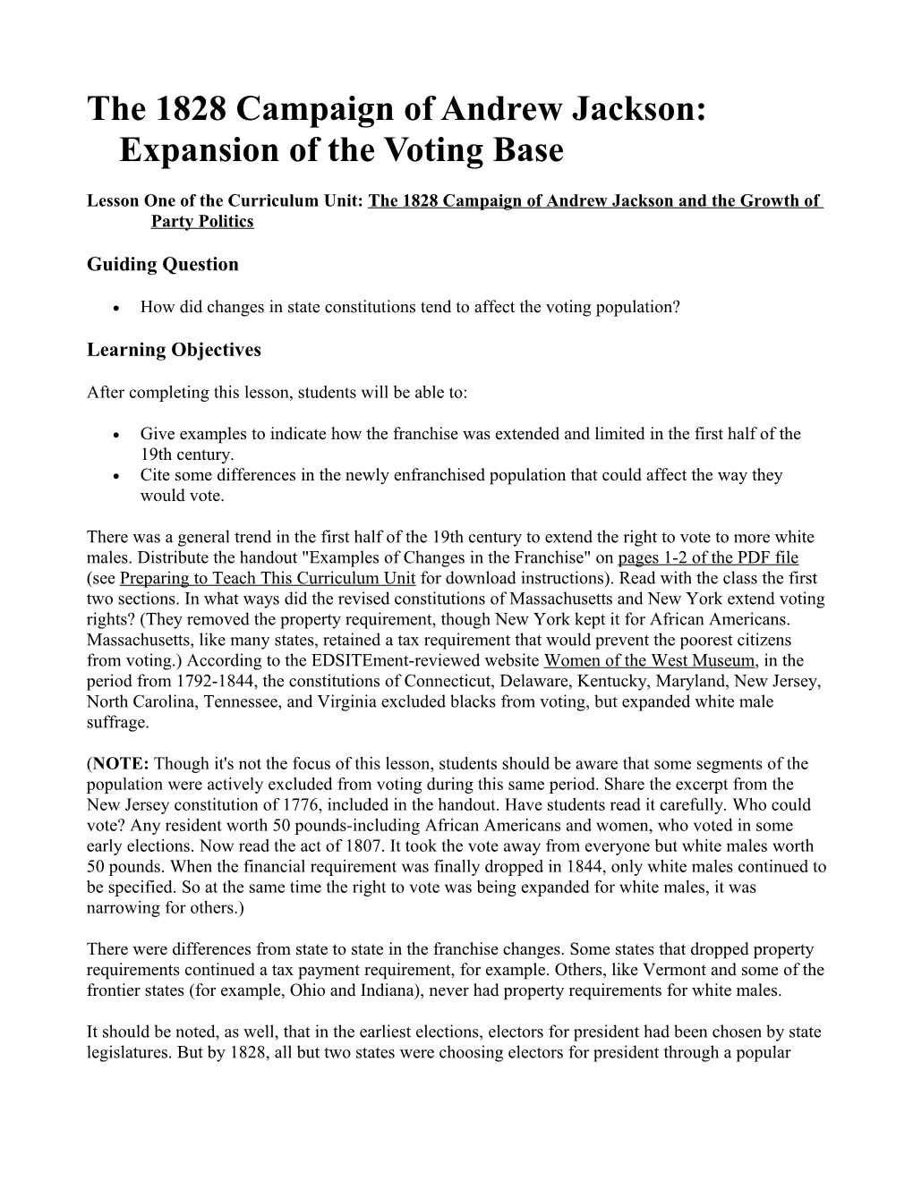 The 1828 Campaign of Andrew Jackson: Expansion of the Voting Base