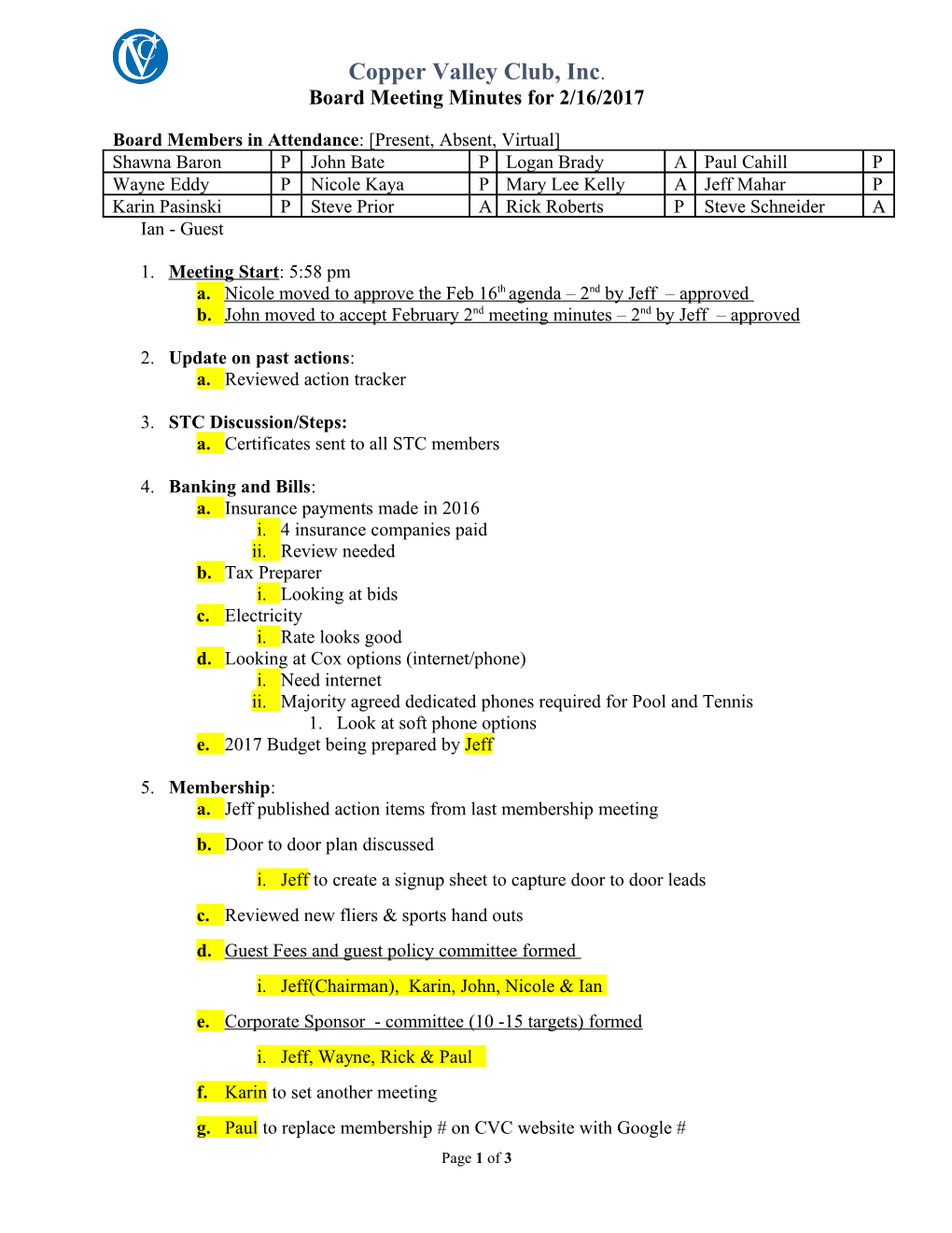 Board Meeting Minutes for 2/16/2017