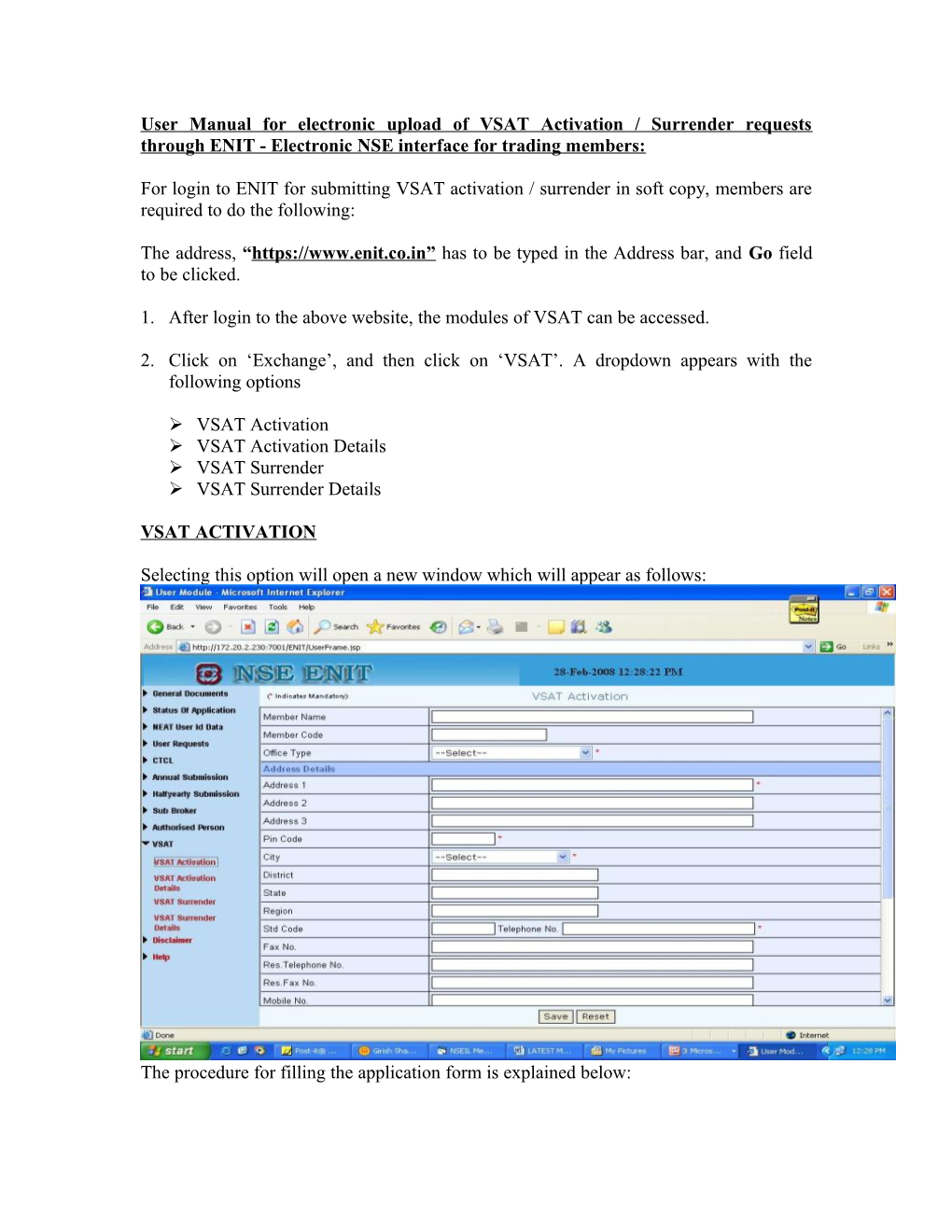 User Manual for Electronic Upload of VSAT Activation / Surrender Requests Through ENIT
