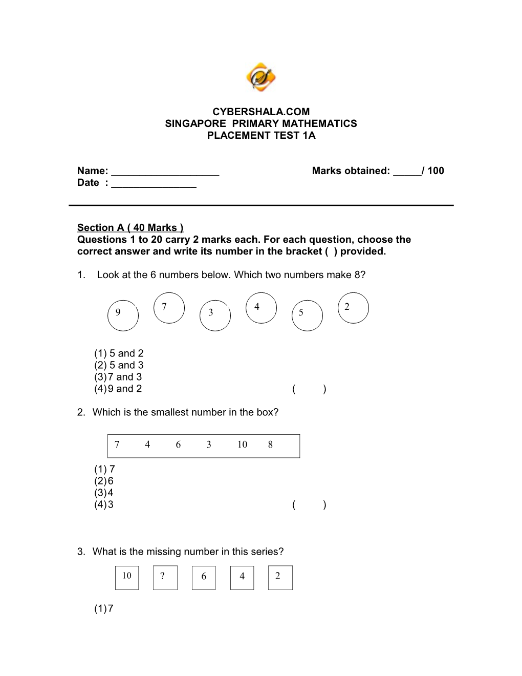 Placement Test for Singapore Primary Mathematics 1A