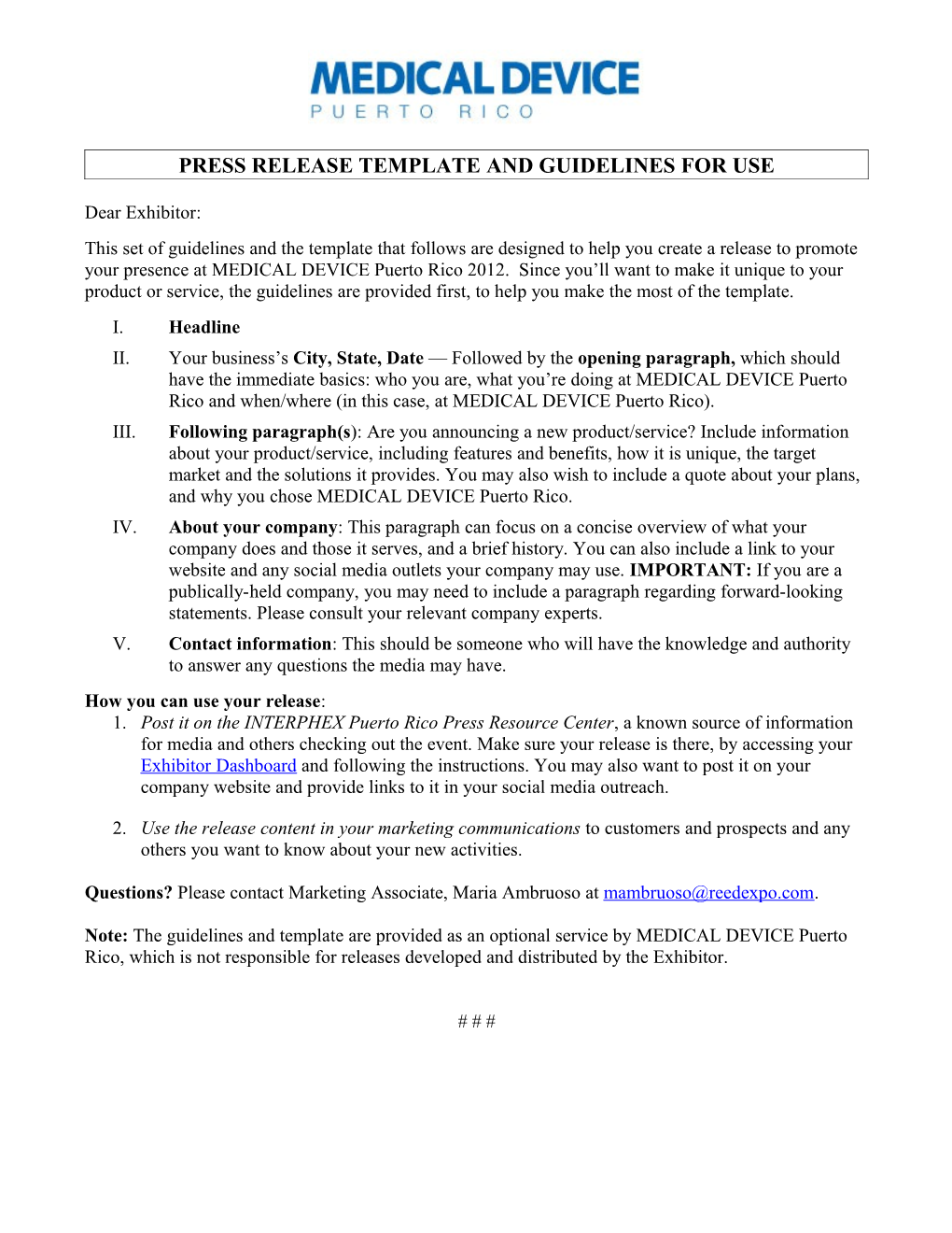 Press Release Template and Guidelines for Use