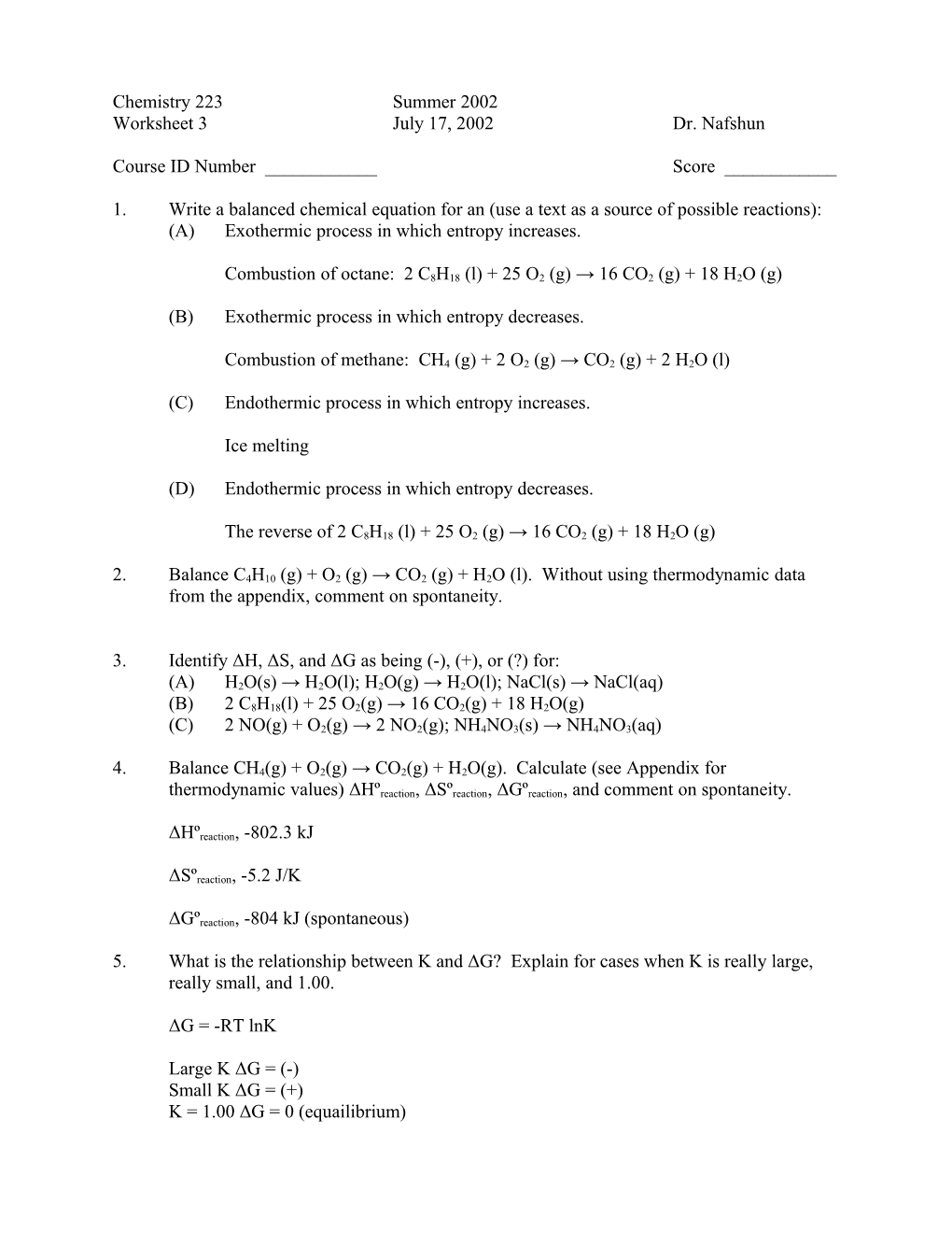 Chemistry 223 Summer 2002