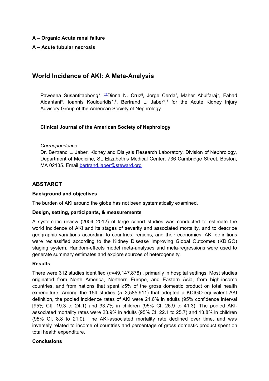 World Incidence of AKI: a Meta-Analysis