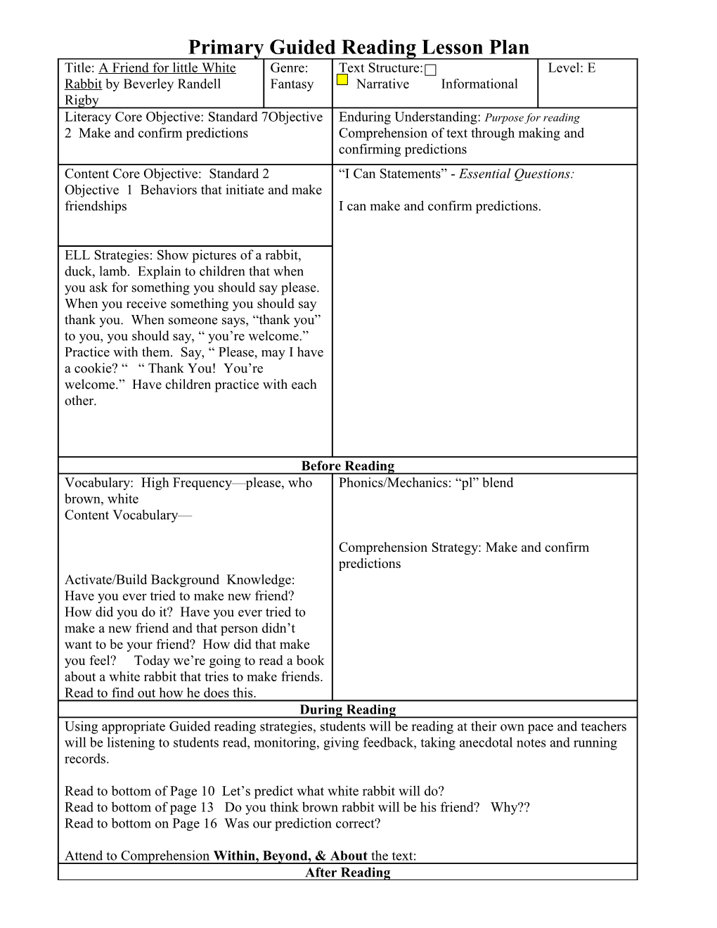 Primary Guided Reading Lesson Plan s5