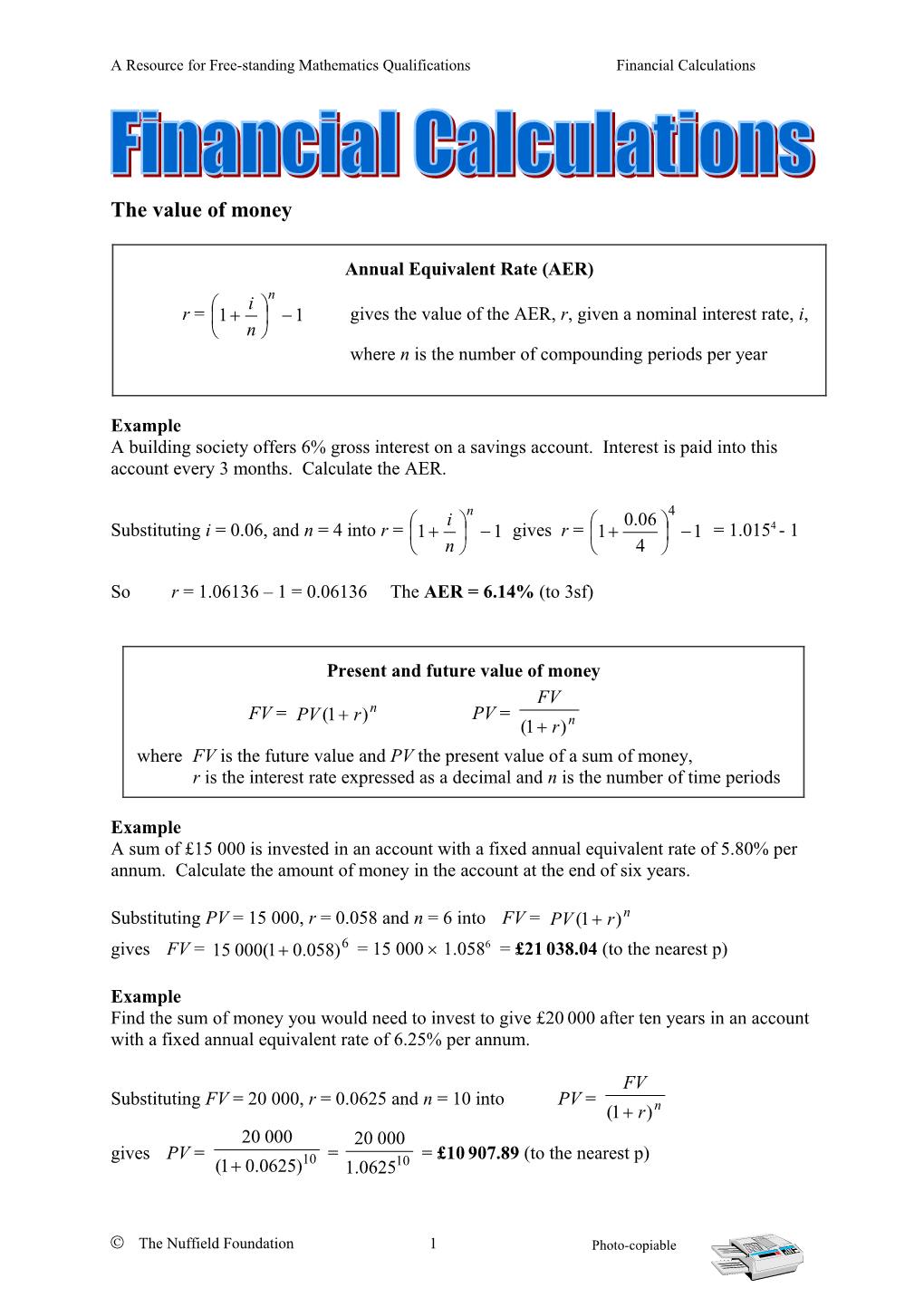A Resource for Free-Standing Mathematics Qualificationsfinancial Calculations