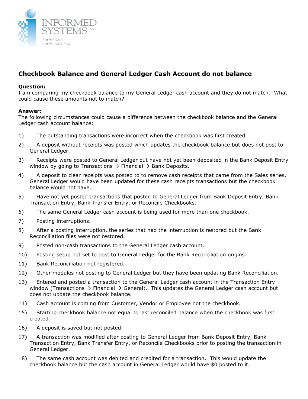 Checkbook Balance and General Ledger Cash Account Do Not Balance