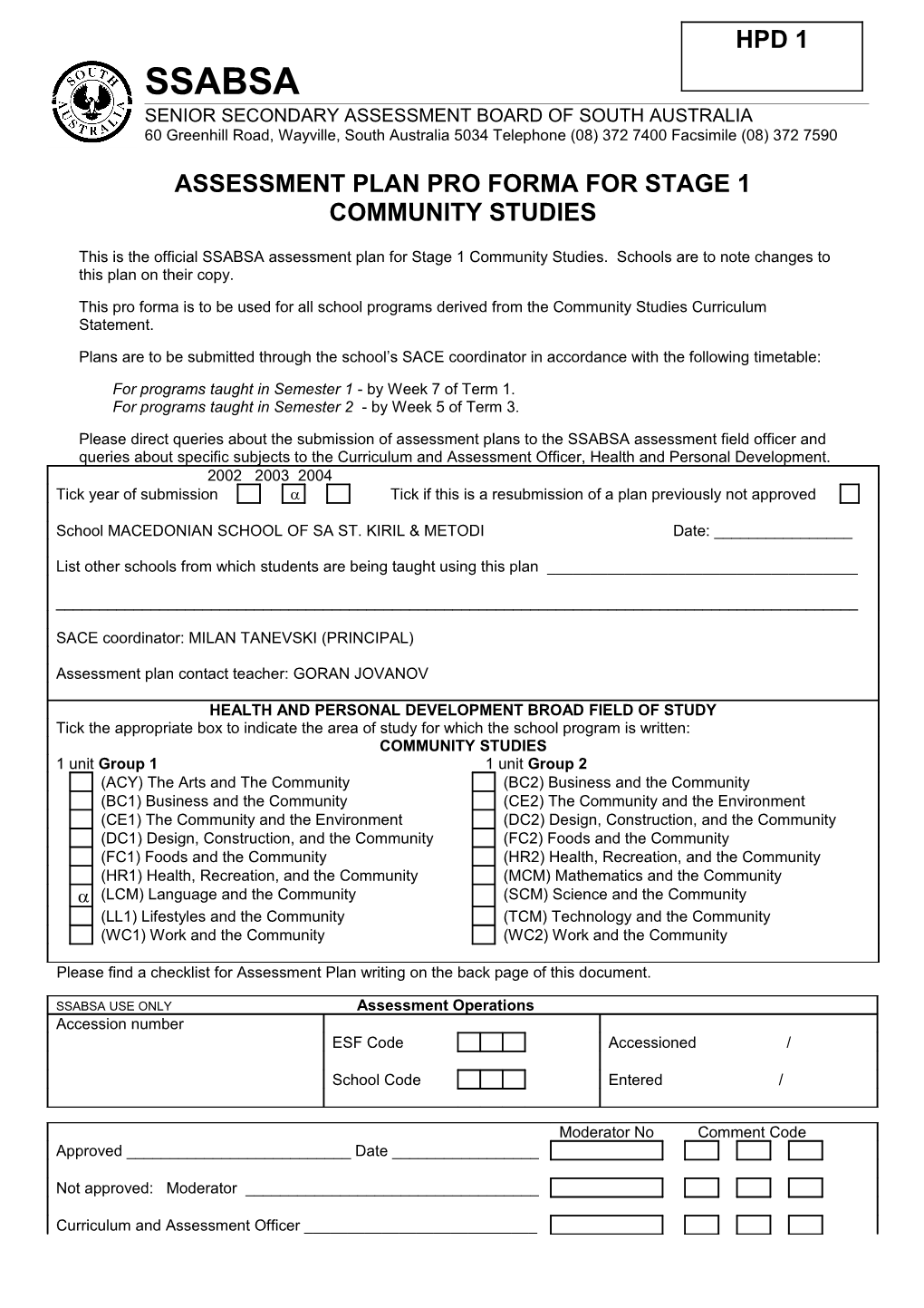 Community Studies Assessment Plan