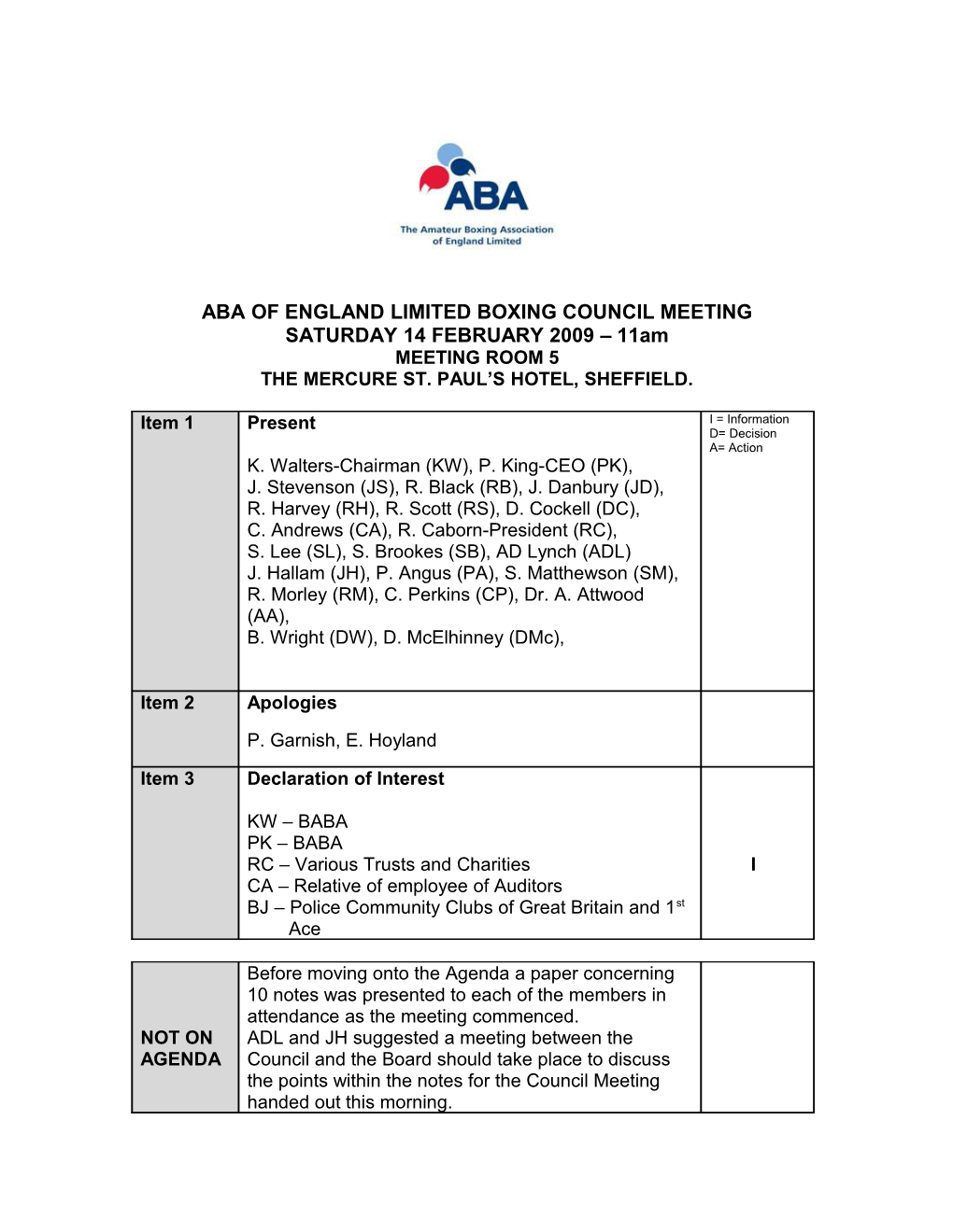 Aba of England Limited Boxing Council Meeting