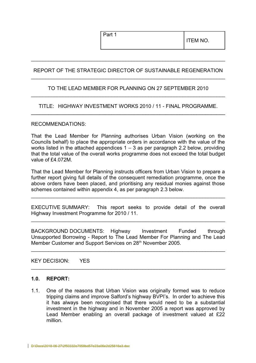 Report of the Strategic Director of Sustainable Regeneration