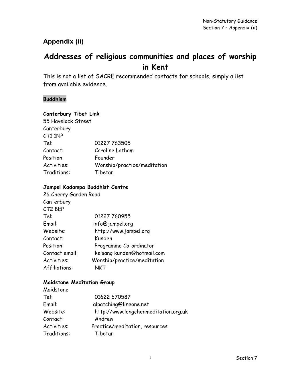 Addresses of Religious Communities and Places of Worship in Kent