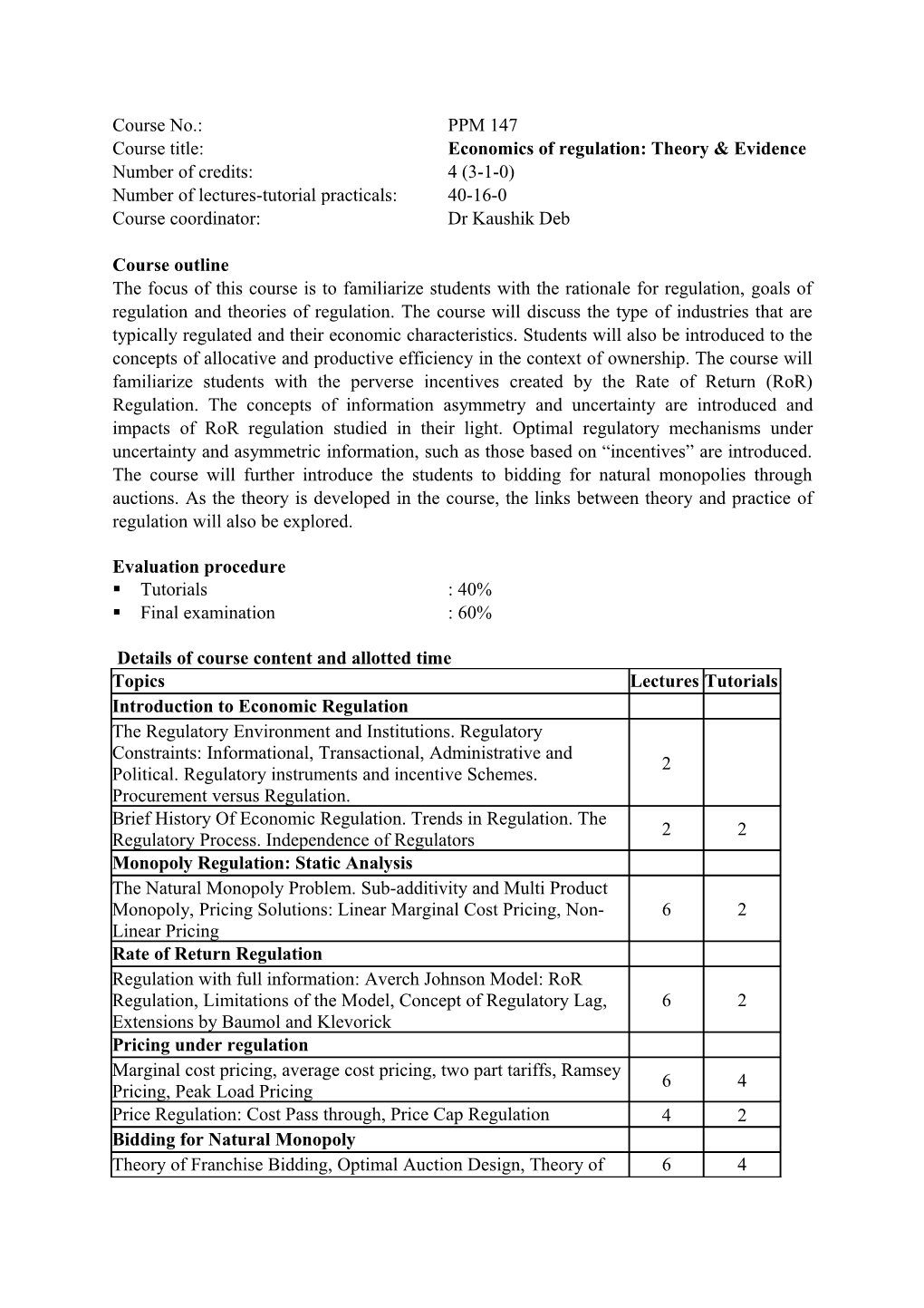 Course Title: Economics of Regulation: Theory & Evidence