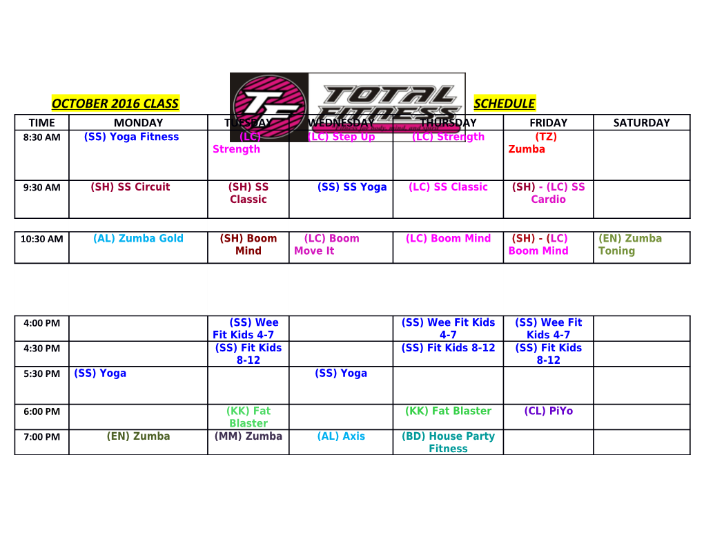 October2016 Class Schedule