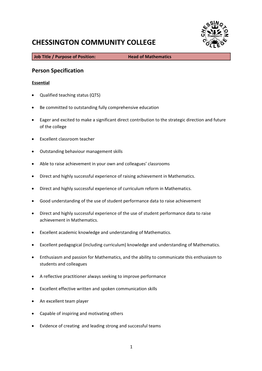 Job Title / Purpose of Position: Head of Mathematics