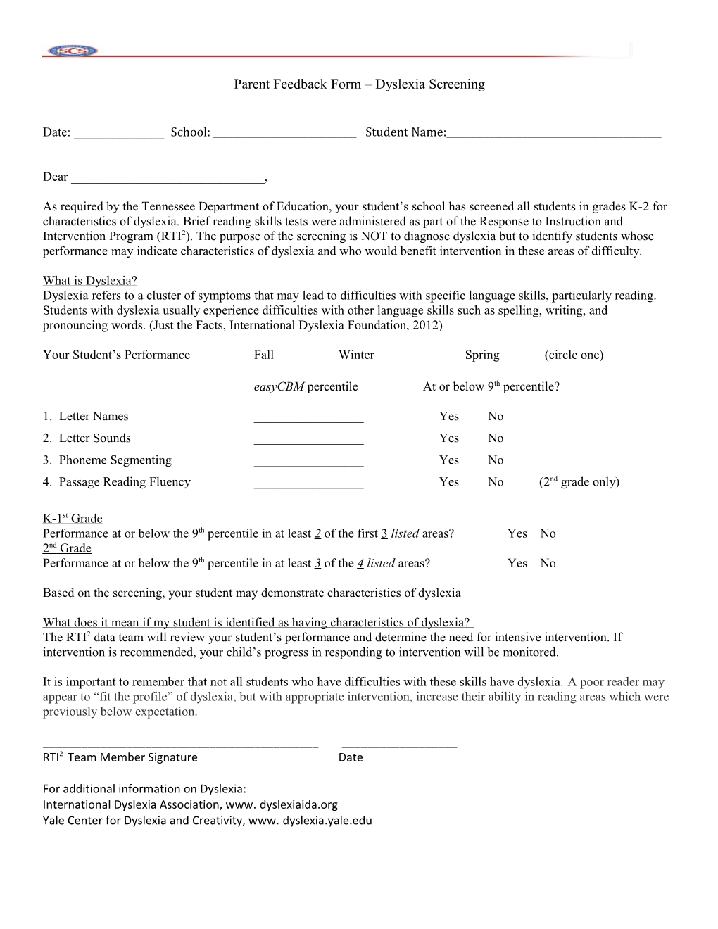 Parent Feedback Form Dyslexia Screening