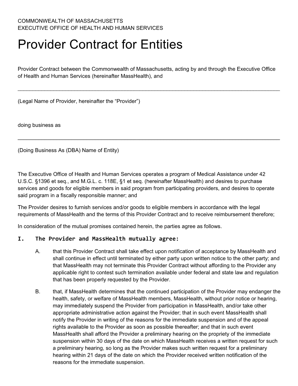 Provider Contract for Entities