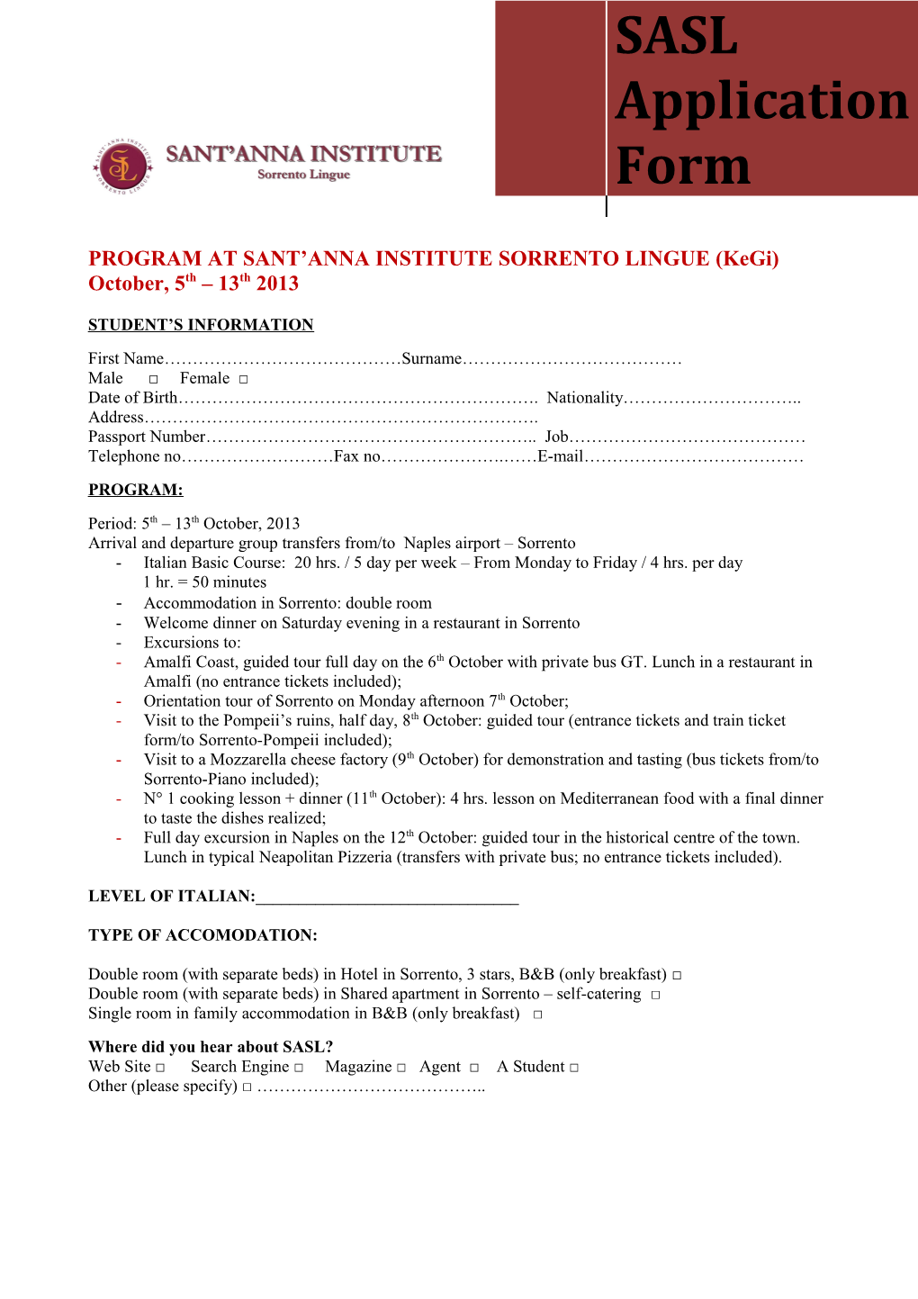 Sasl Application Form