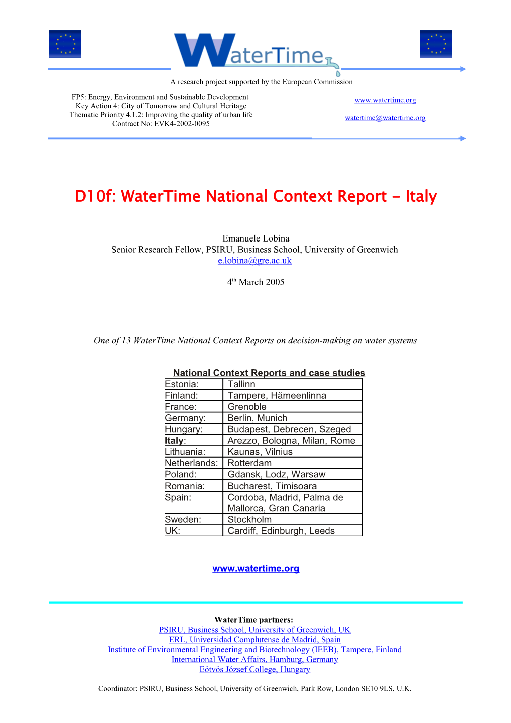 D10f: Watertime National Context Report - Italy