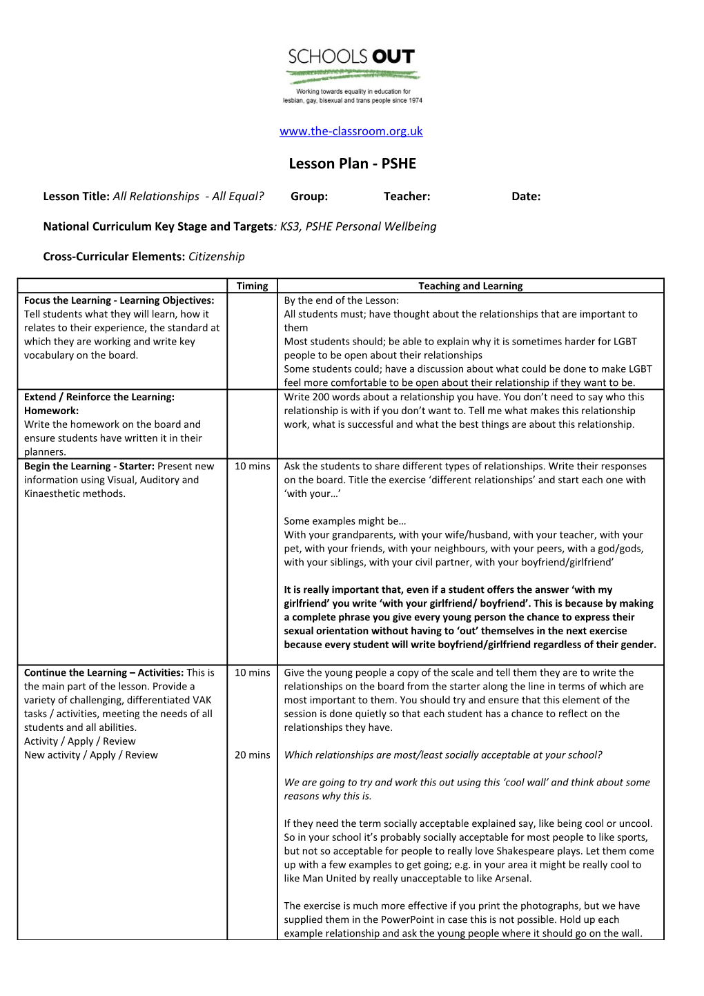 Lesson Plan - PSHE