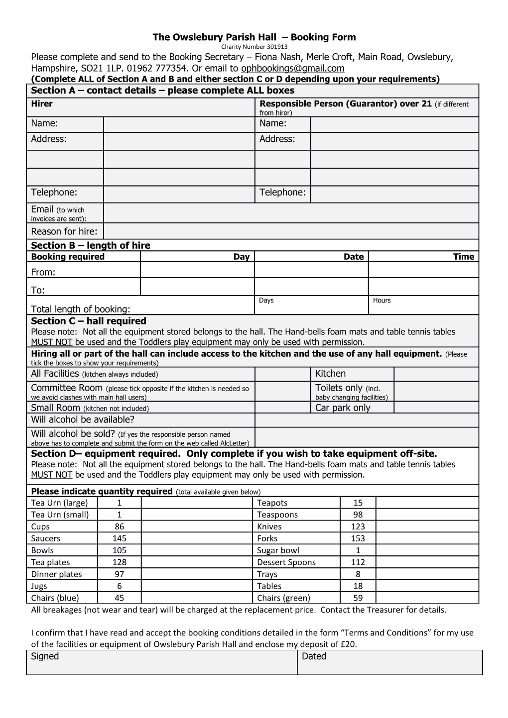 The Owslebury Parish Hall Booking Form