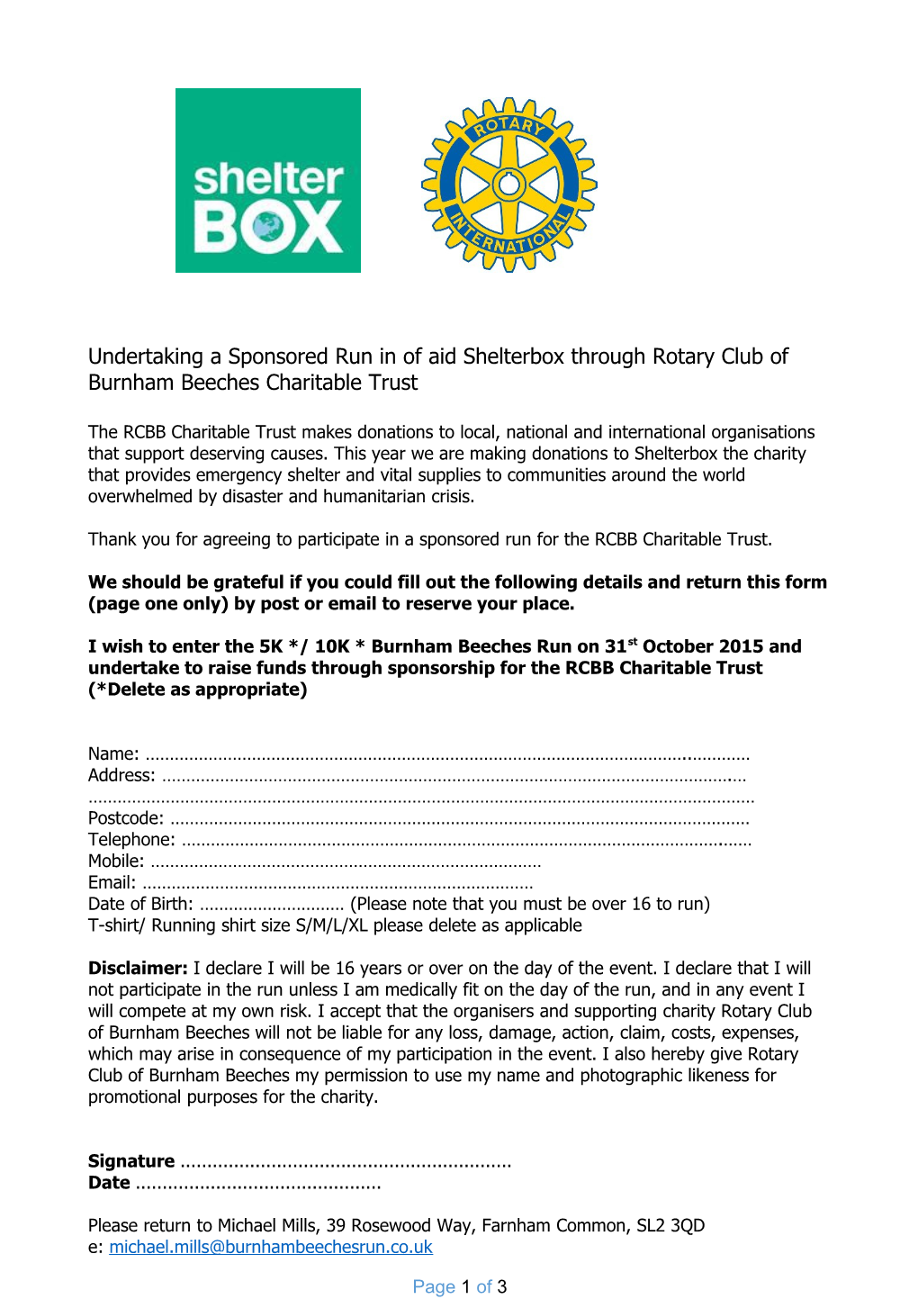 Undertaking a Sponsored Run in of Aid Shelterbox Throughrotary Club of Burnham Beechescharitable