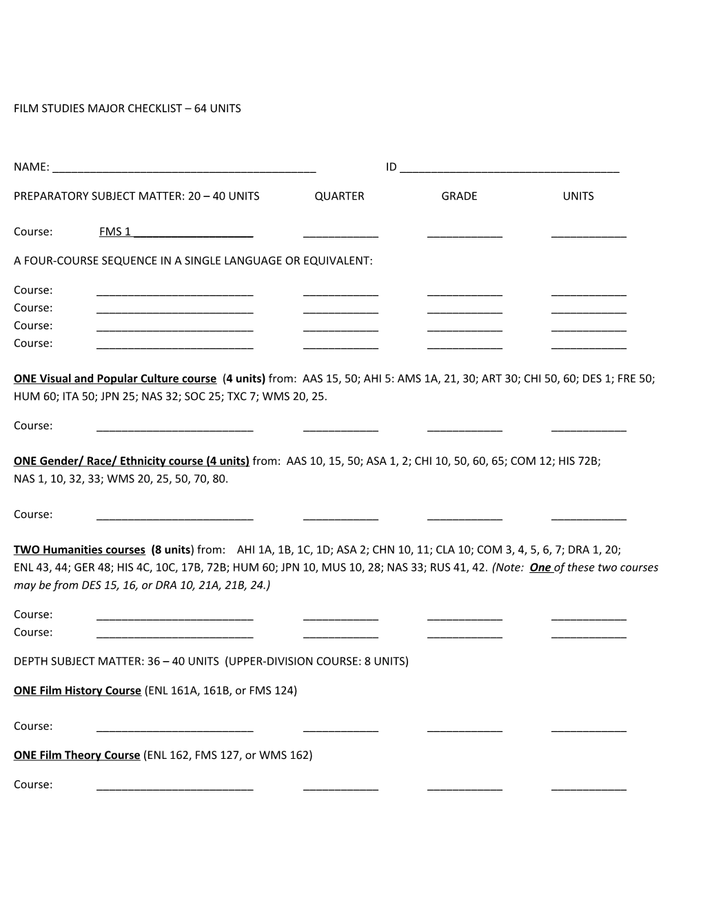 Film Studies Major Checklist 64 Units