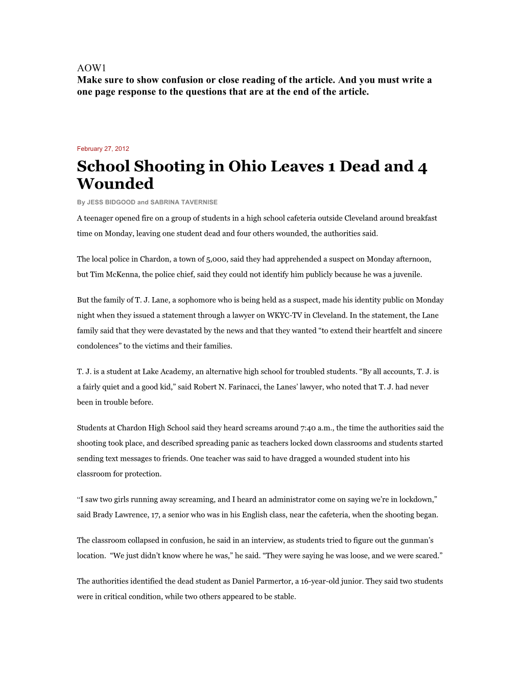 School Shooting in Ohio Leaves 1 Dead and 4 Wounded