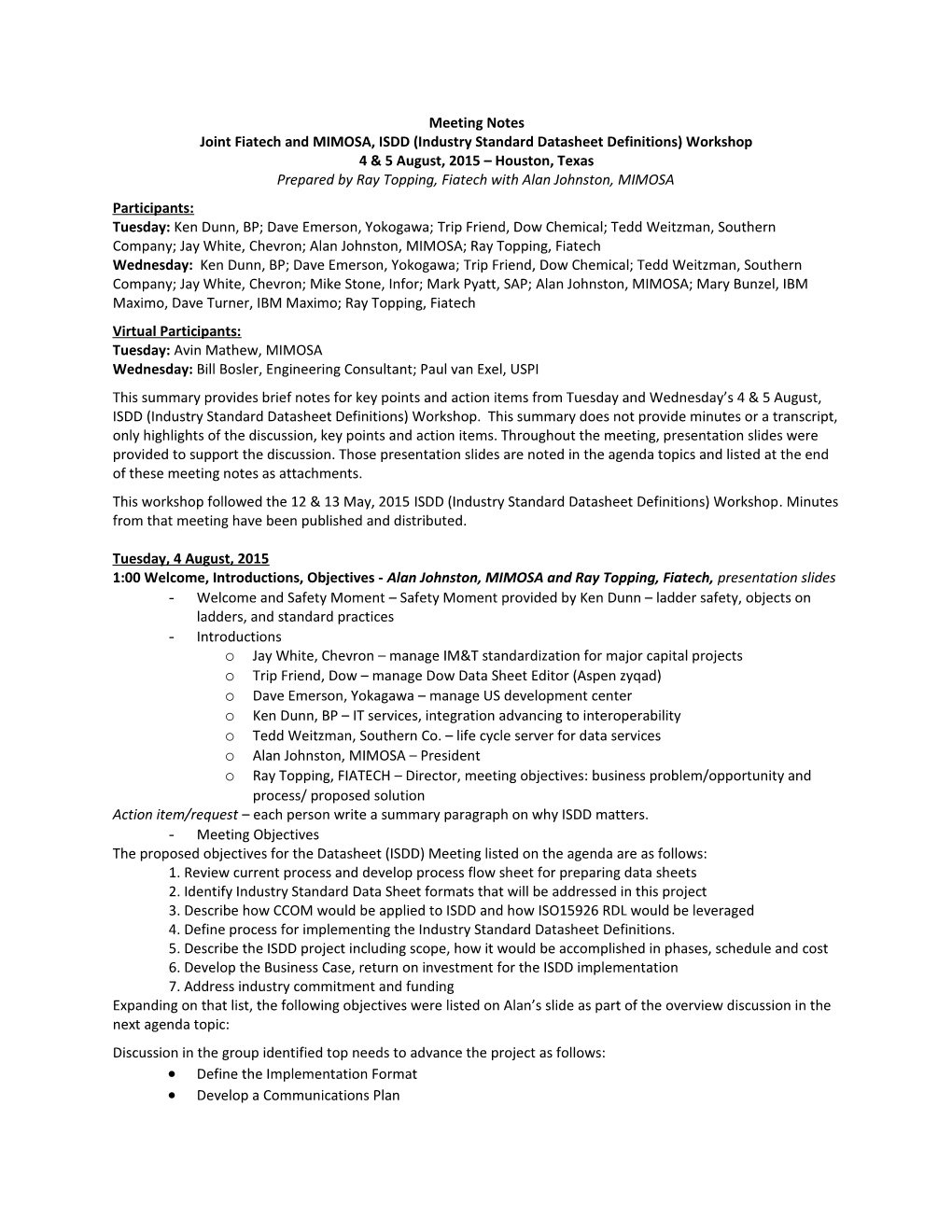 Joint Fiatech and MIMOSA, ISDD (Industry Standard Datasheet Definitions) Workshop