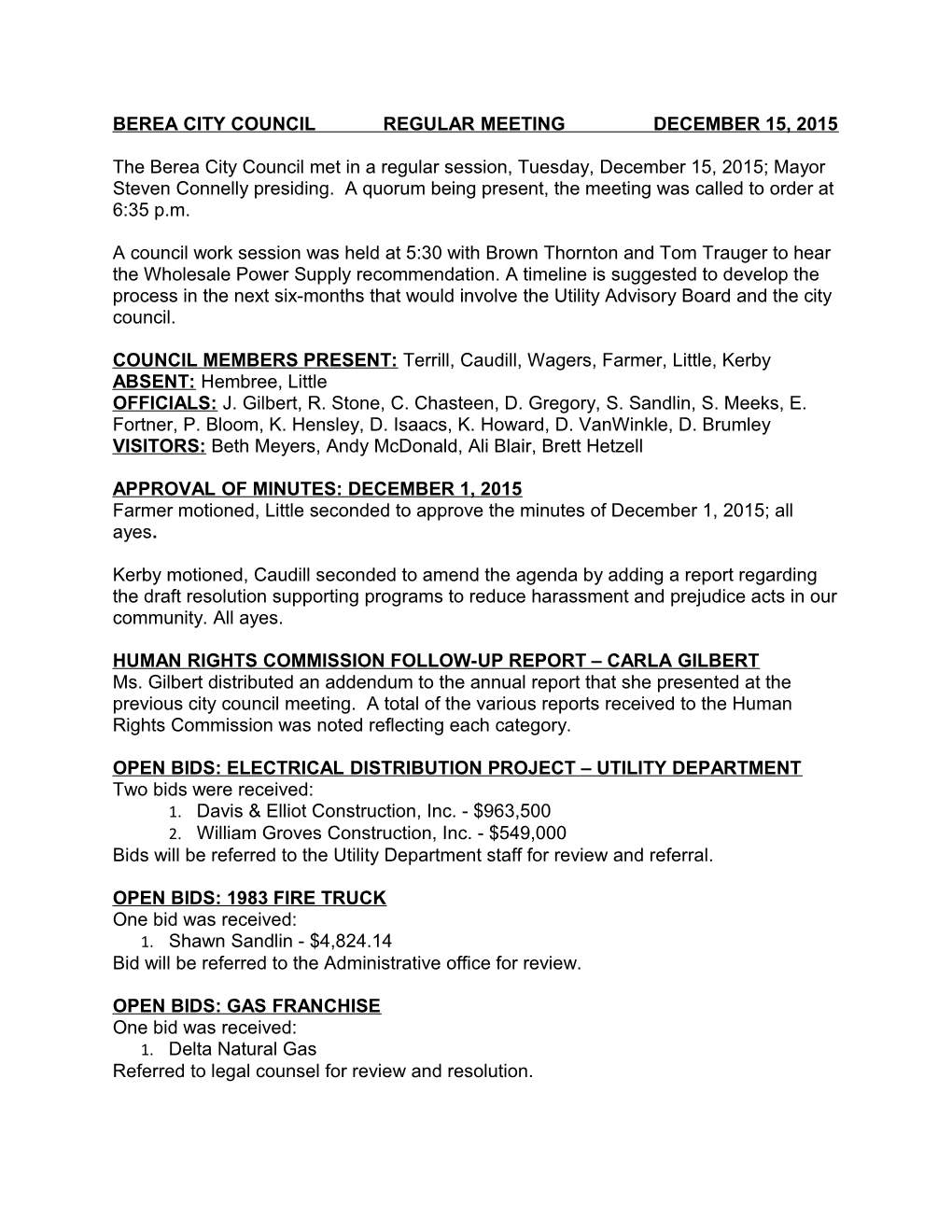 Berea City Council Regular Meeting December 15, 2015