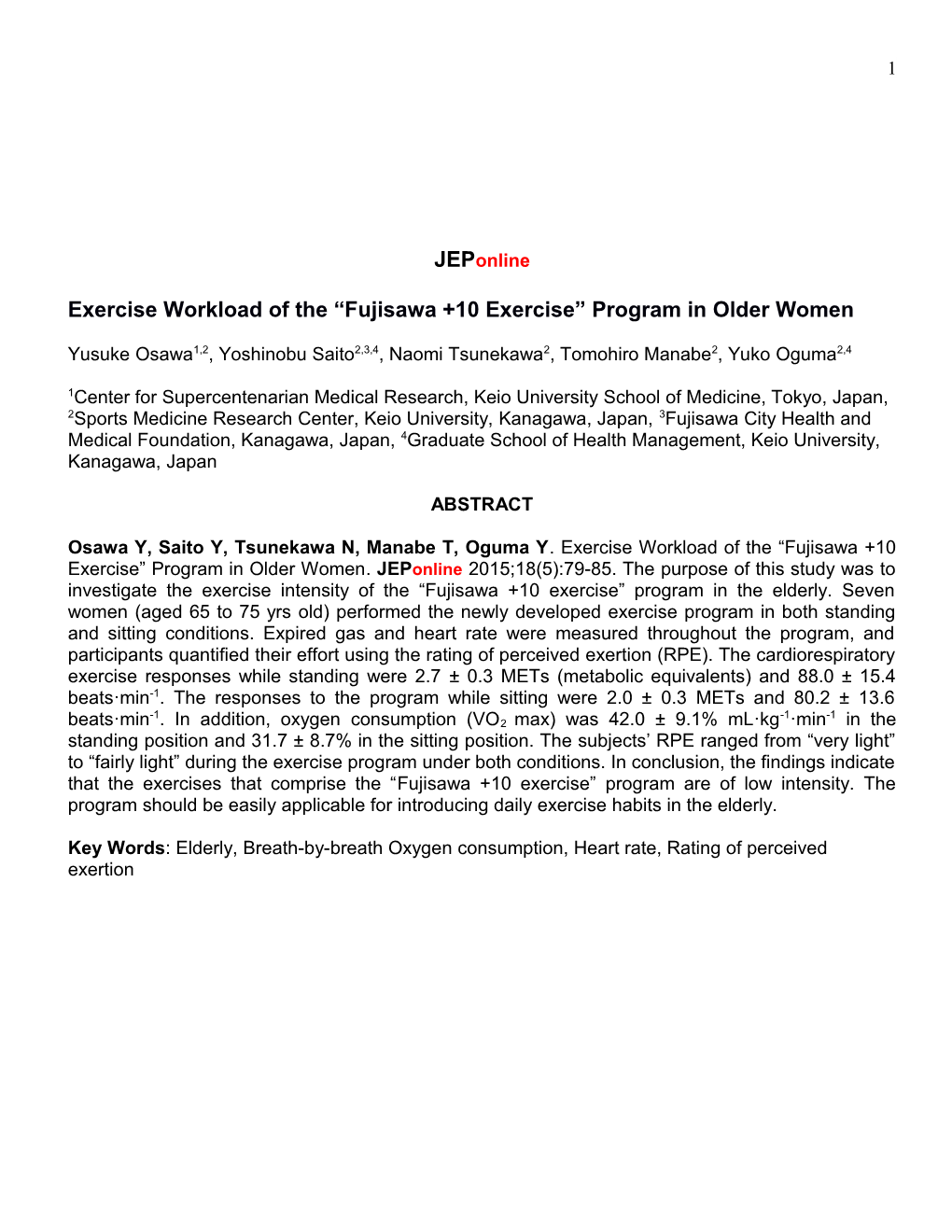 Exercise Workload of the Fujisawa +10 Exercise Program in Older Women