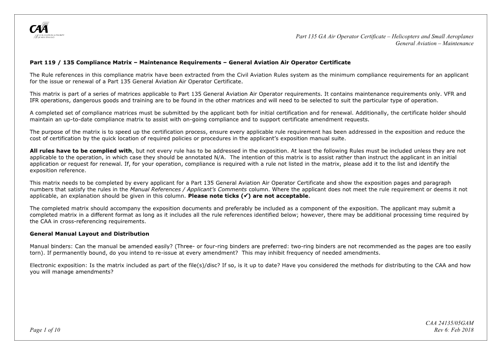 Part 119 / 135 Compliance Matrix Maintenance Requirements General Aviation Air Operator