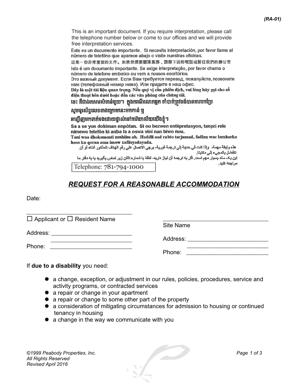 Request for a Reasonable Accommodation