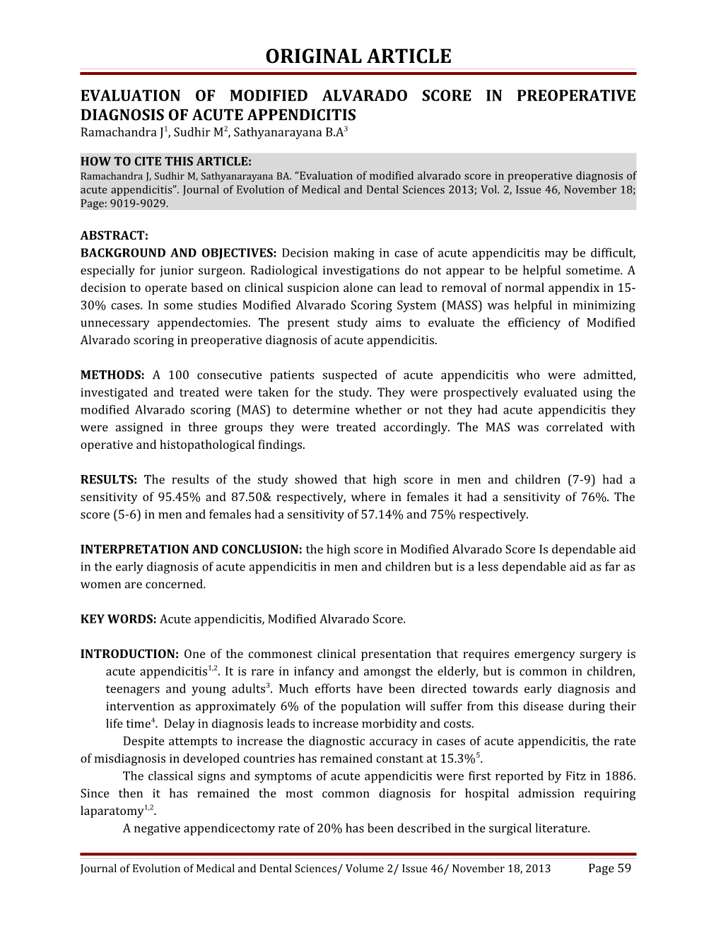 Evaluation of Modified Alvarado Score in Preoperative Diagnosis of Acute Appendicitis