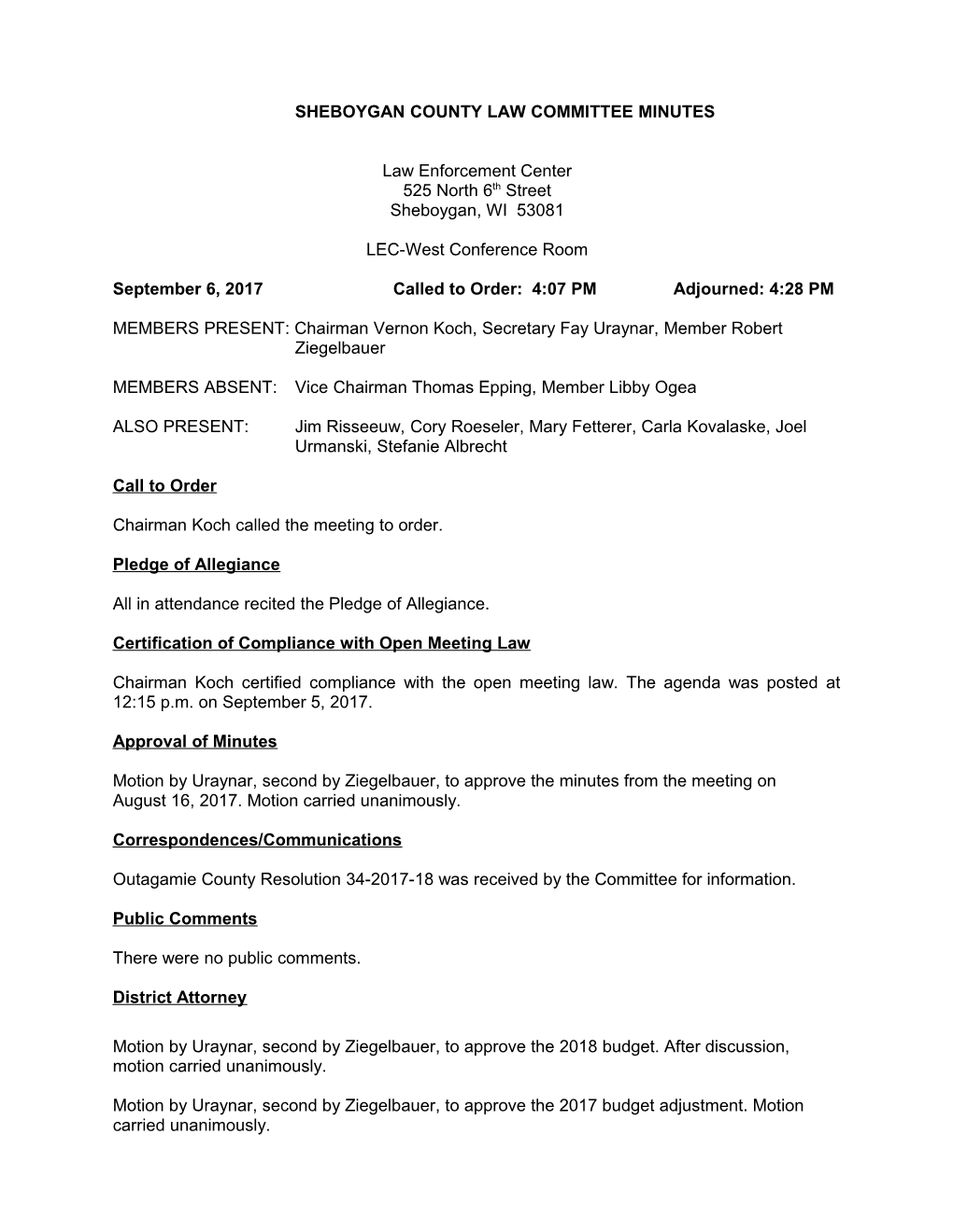 Sheboygan County Committee Minutes
