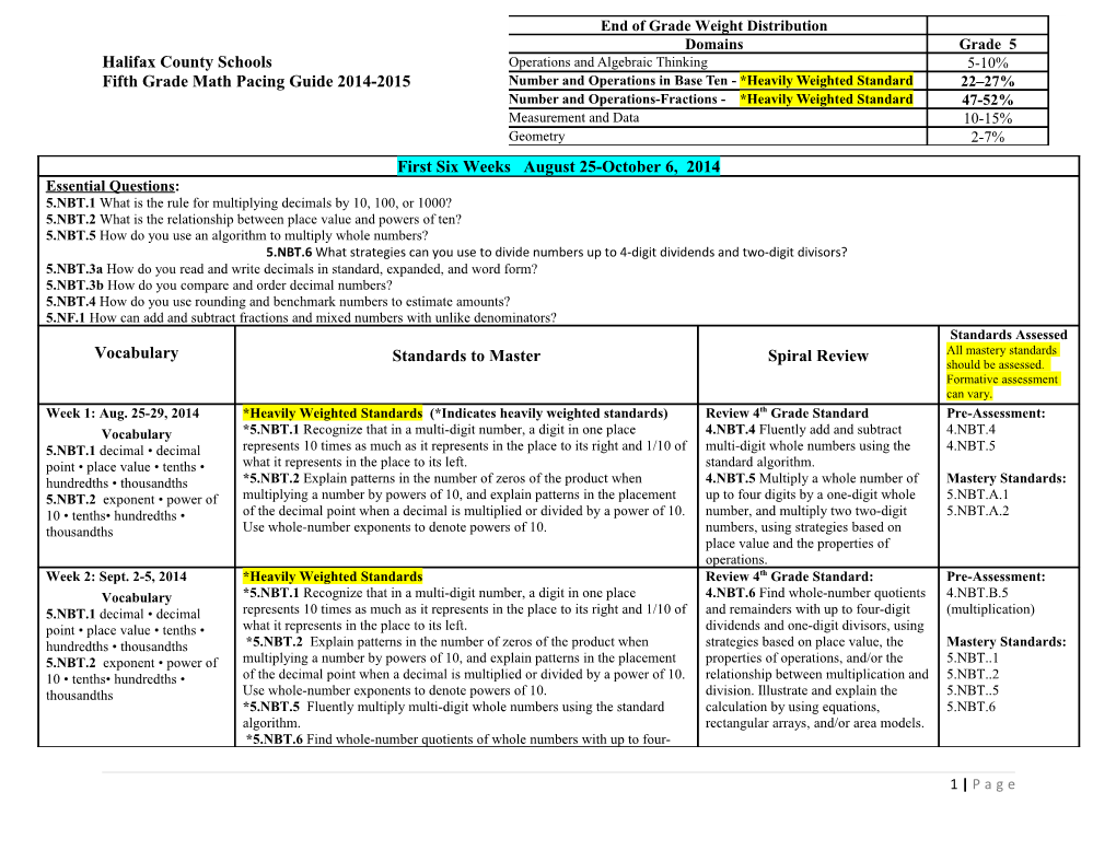 Fifth Grade Math Pacing Guide 2014-2015