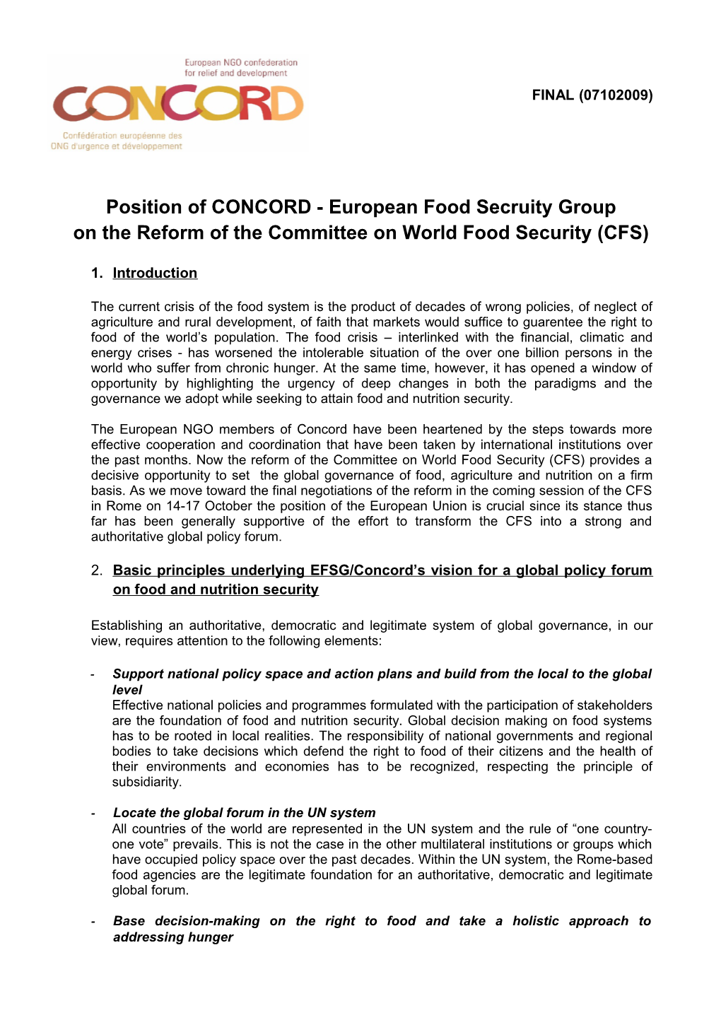 Position of CONCORD- European Food Secruity Group