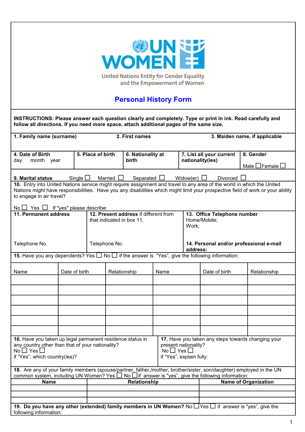 Personal History Form P11 UN Women