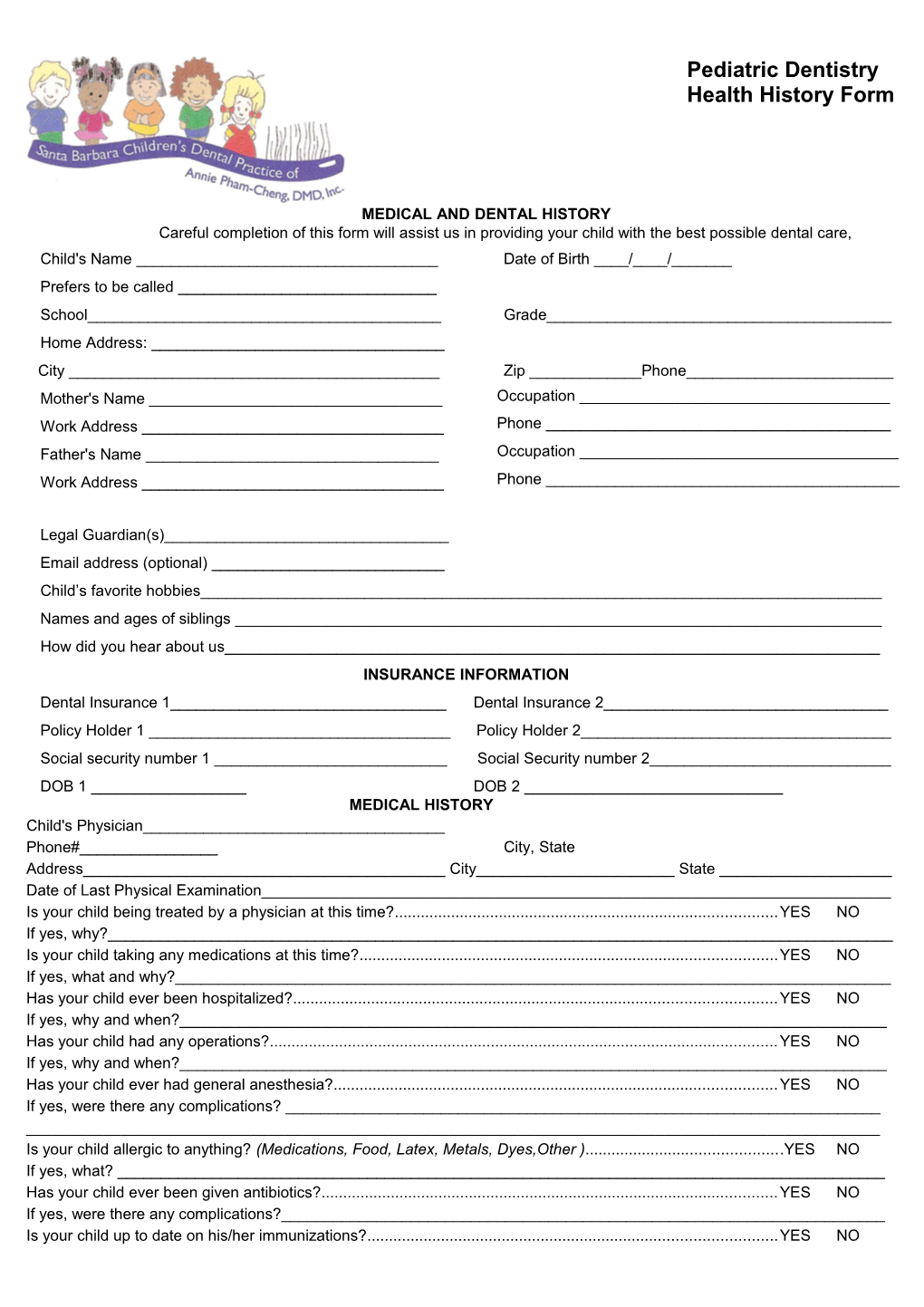 Pediatric Dentistry Health History Form