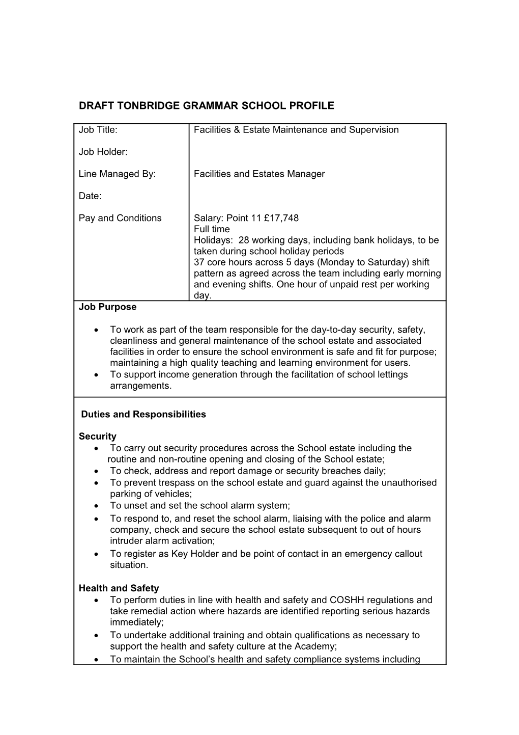 Tonbridge Grammar School Job Description