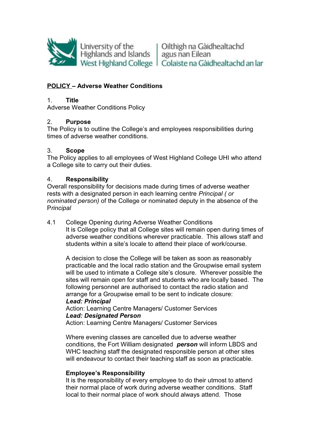 Adverse Weather Conditions Policy & Procedure