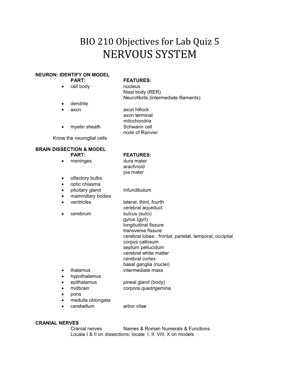 BIO 210 Objectives for Lab Quiz 5