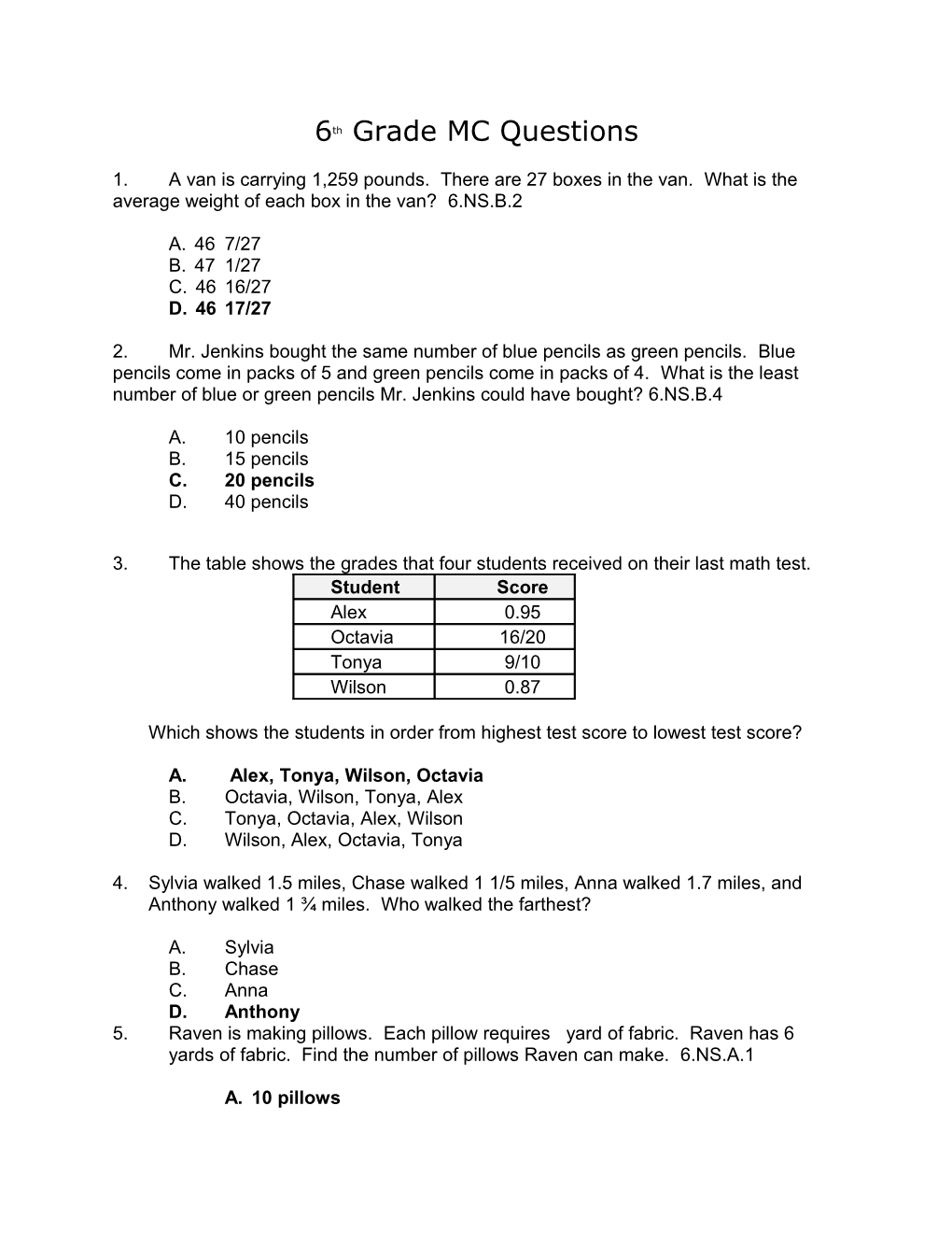 6Th Grade MC Questions