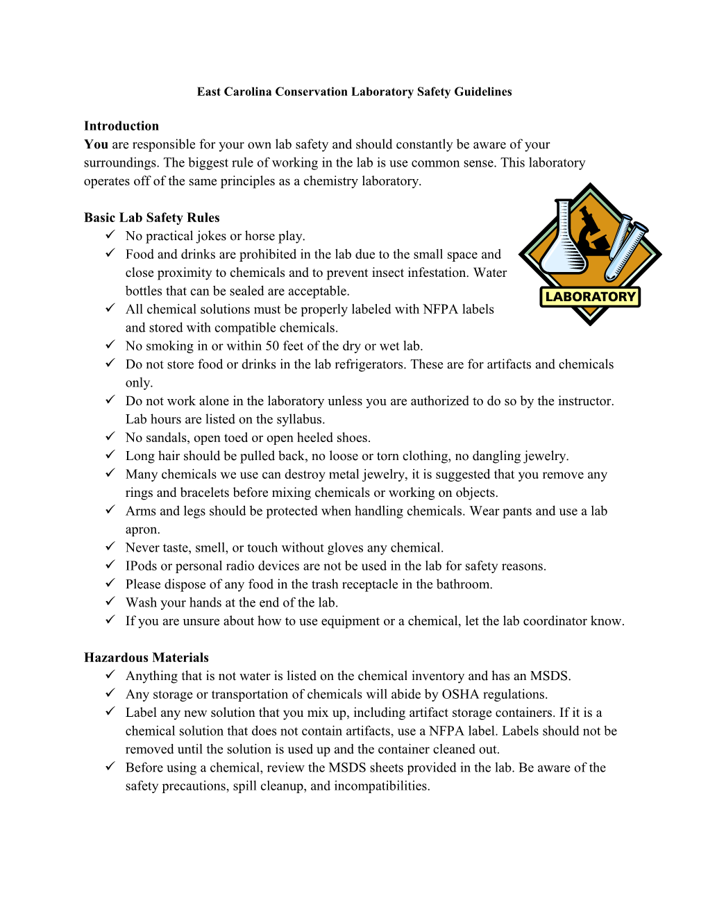 East Carolina Conservation Laboratory Safety Guidelines