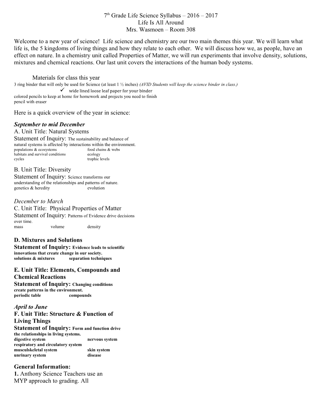 7Th Grade Life Science Syllabus 2016 2017