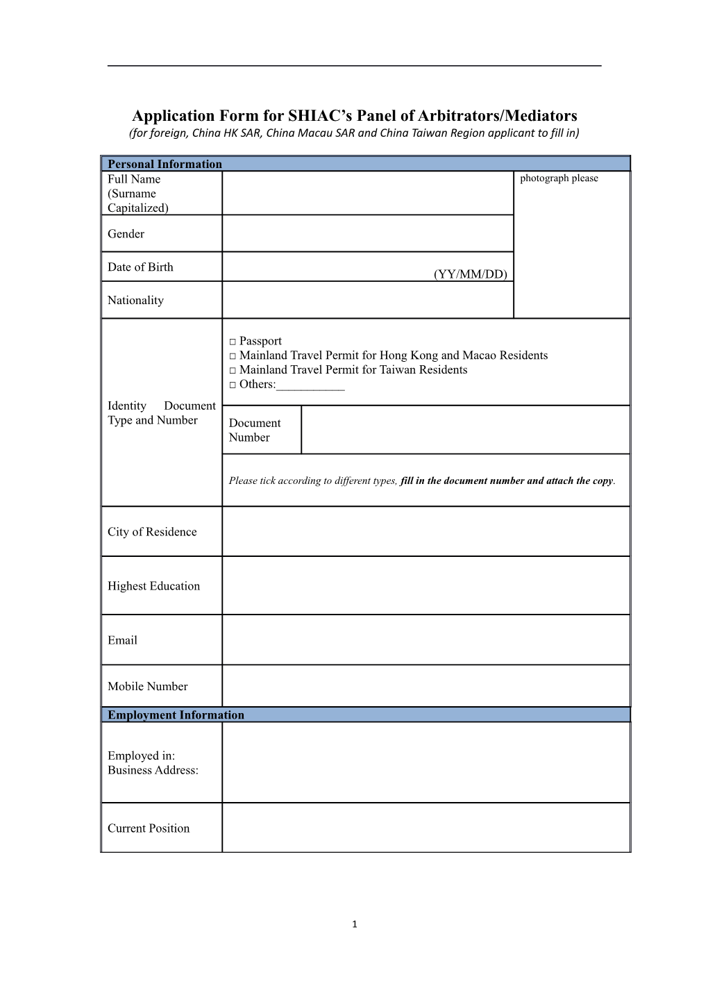 Application Form for SHIAC S Panel of Arbitrators/Mediators