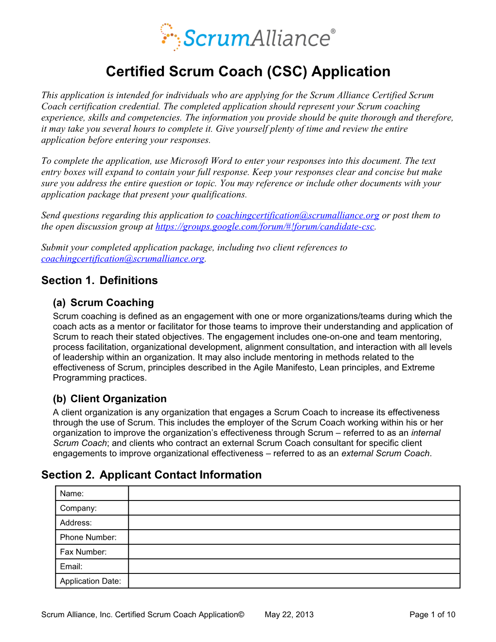 Certified Scrum Coach Application Questionnaire