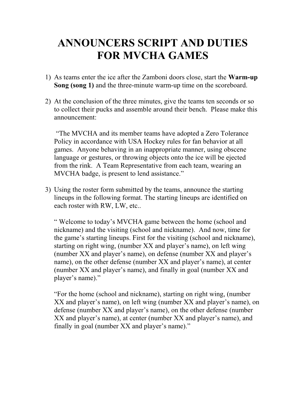 Announcers Script and Duties for Mvcha Games
