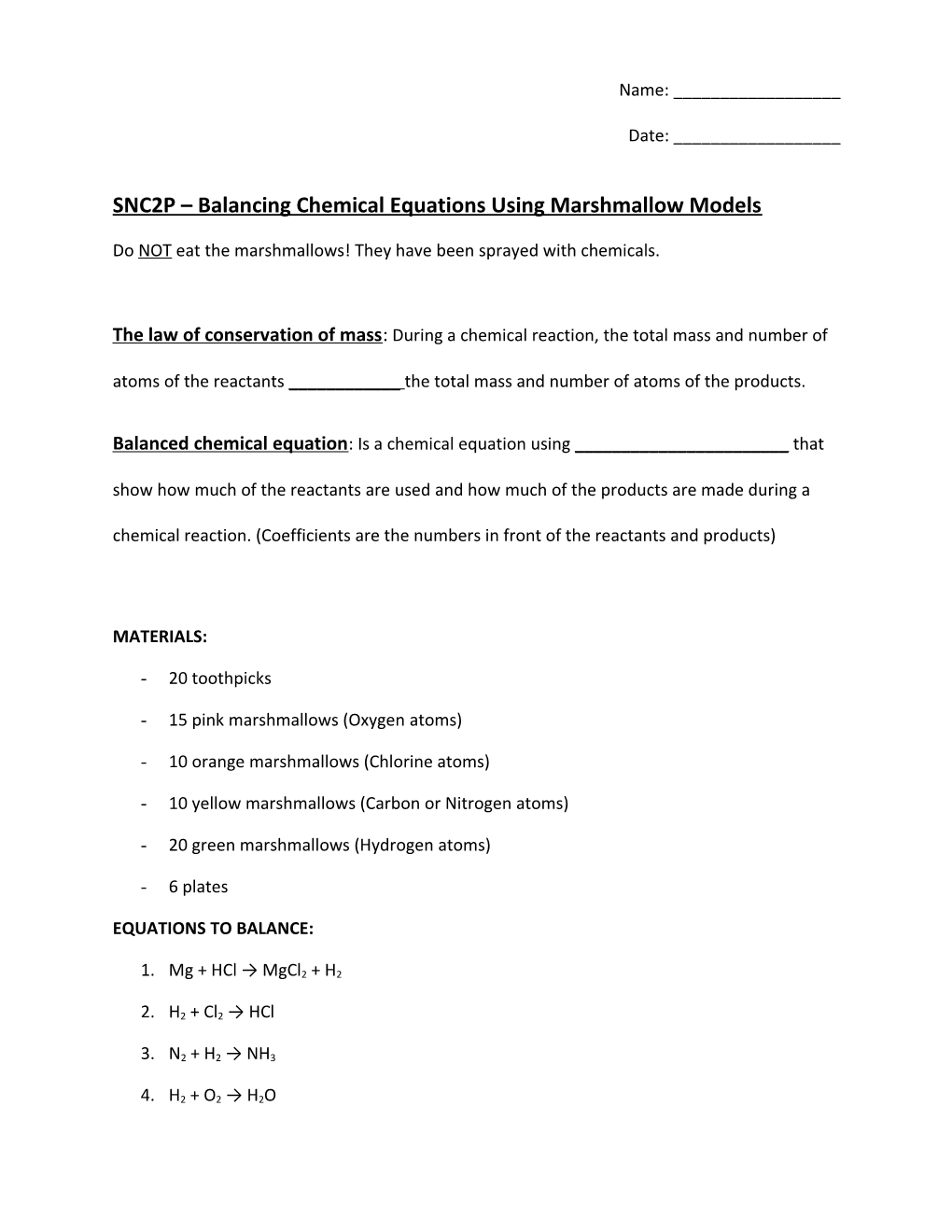 SNC2P Balancing Chemical Equations Using Marshmallow Models