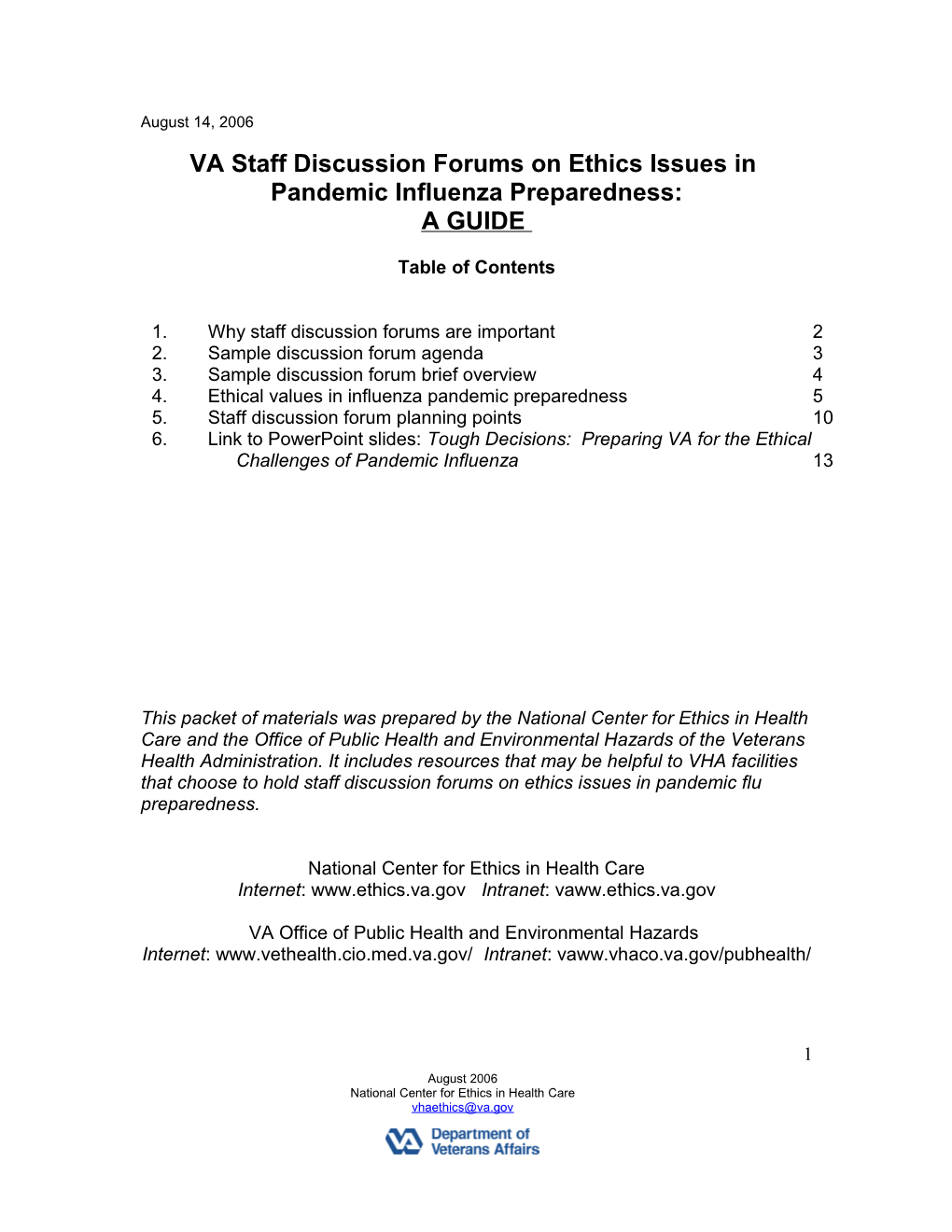 VA Staff Discussion Ethics Pandemic Flu Preparedness - U.S. Department of Veterans Affairs