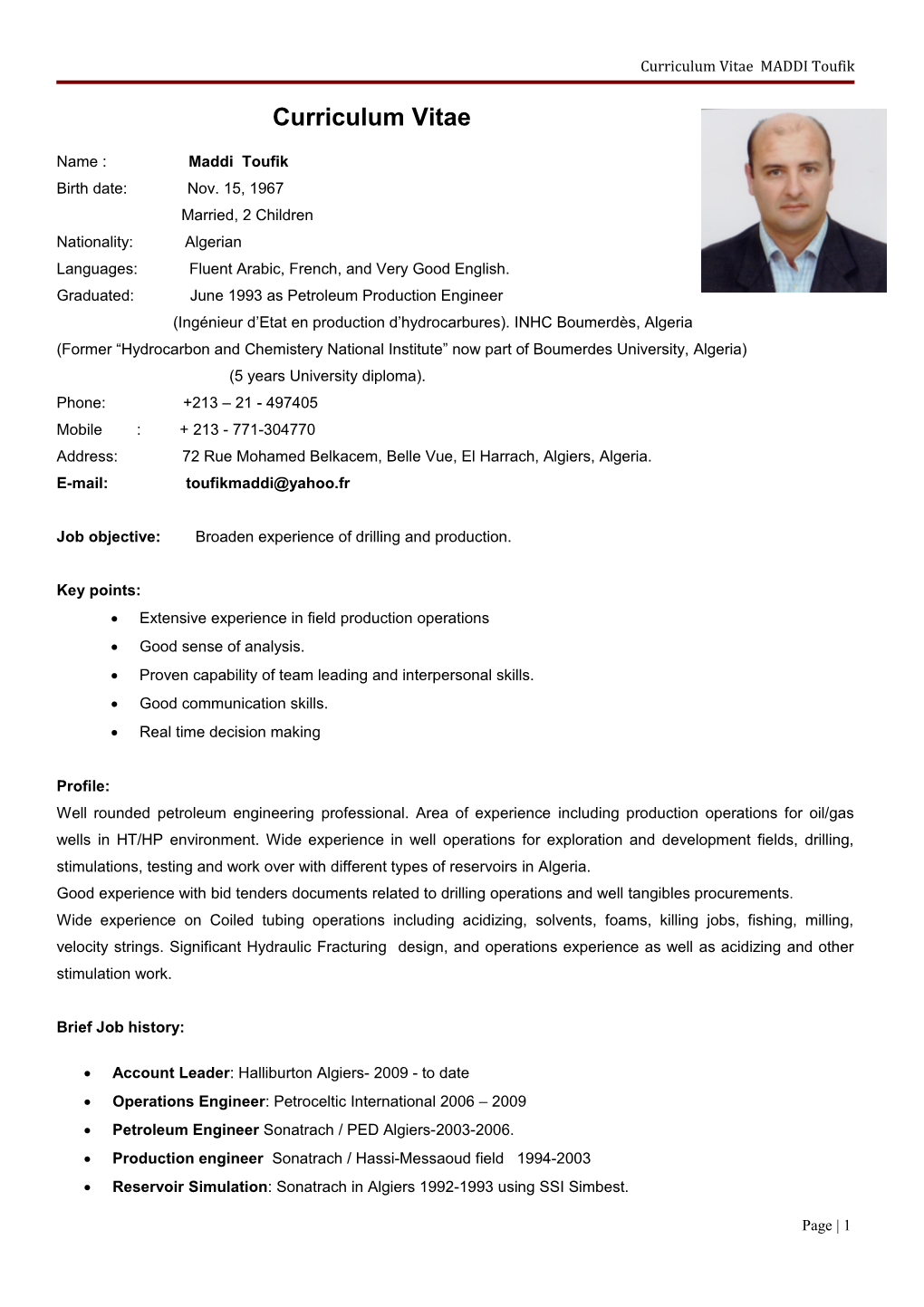 Curriculum Vitae MADDI Toufik