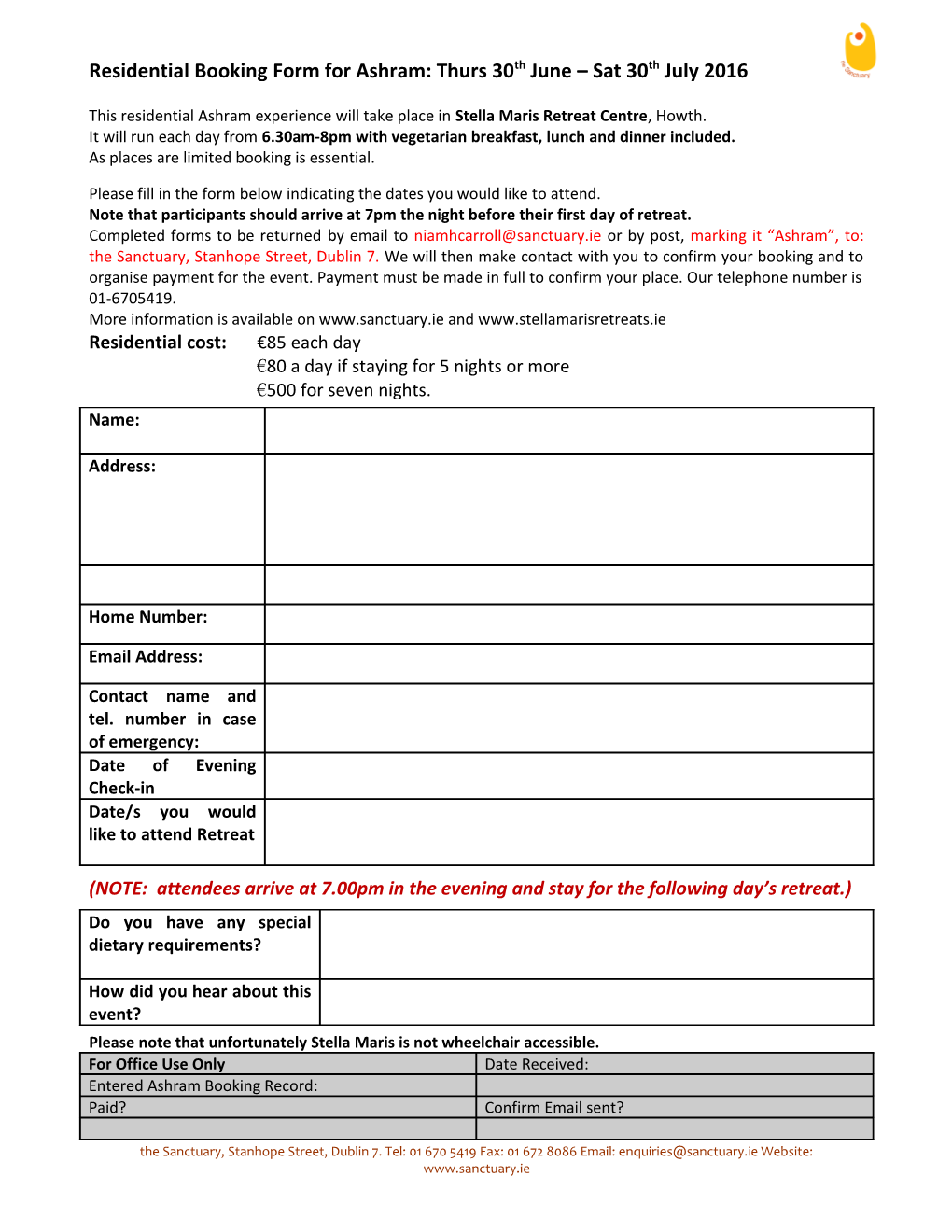 Booking Form for Ashram: 27Th August 21St September 2012